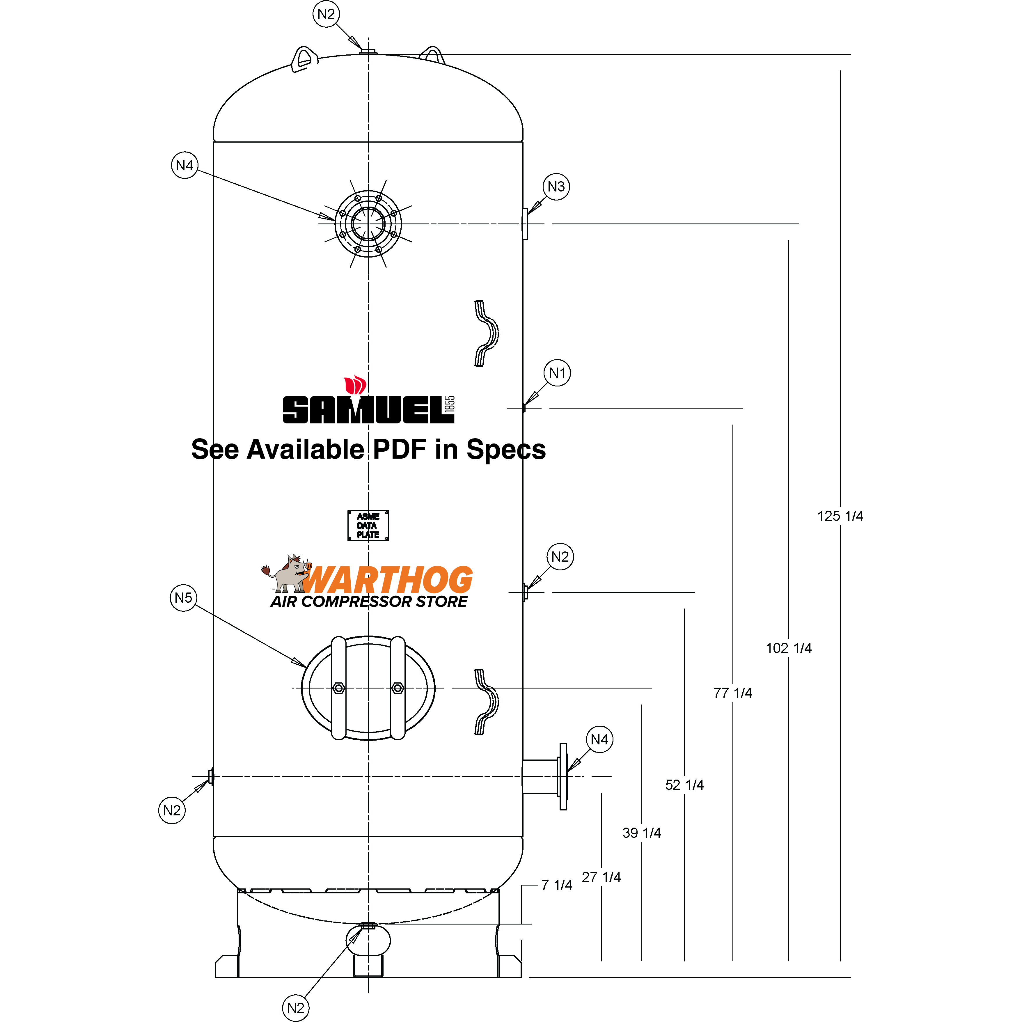 660 Gallon 200PSI Vertical Air Tank By Samuel with 8" base ring | C100950-X