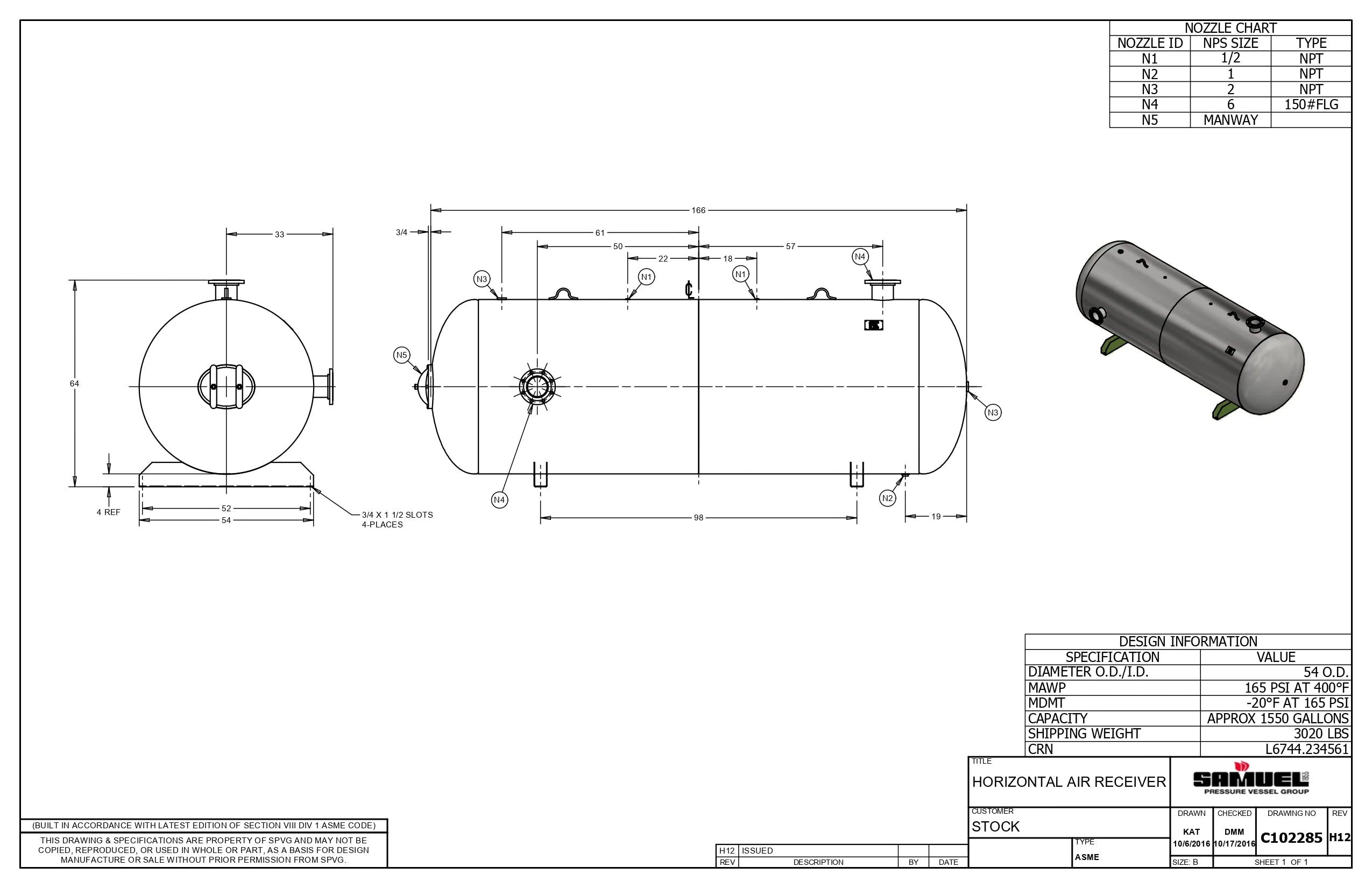 1550 Gallon 165PSI Horizontal Air Tank By Samuel with Saddle legs | C102285
