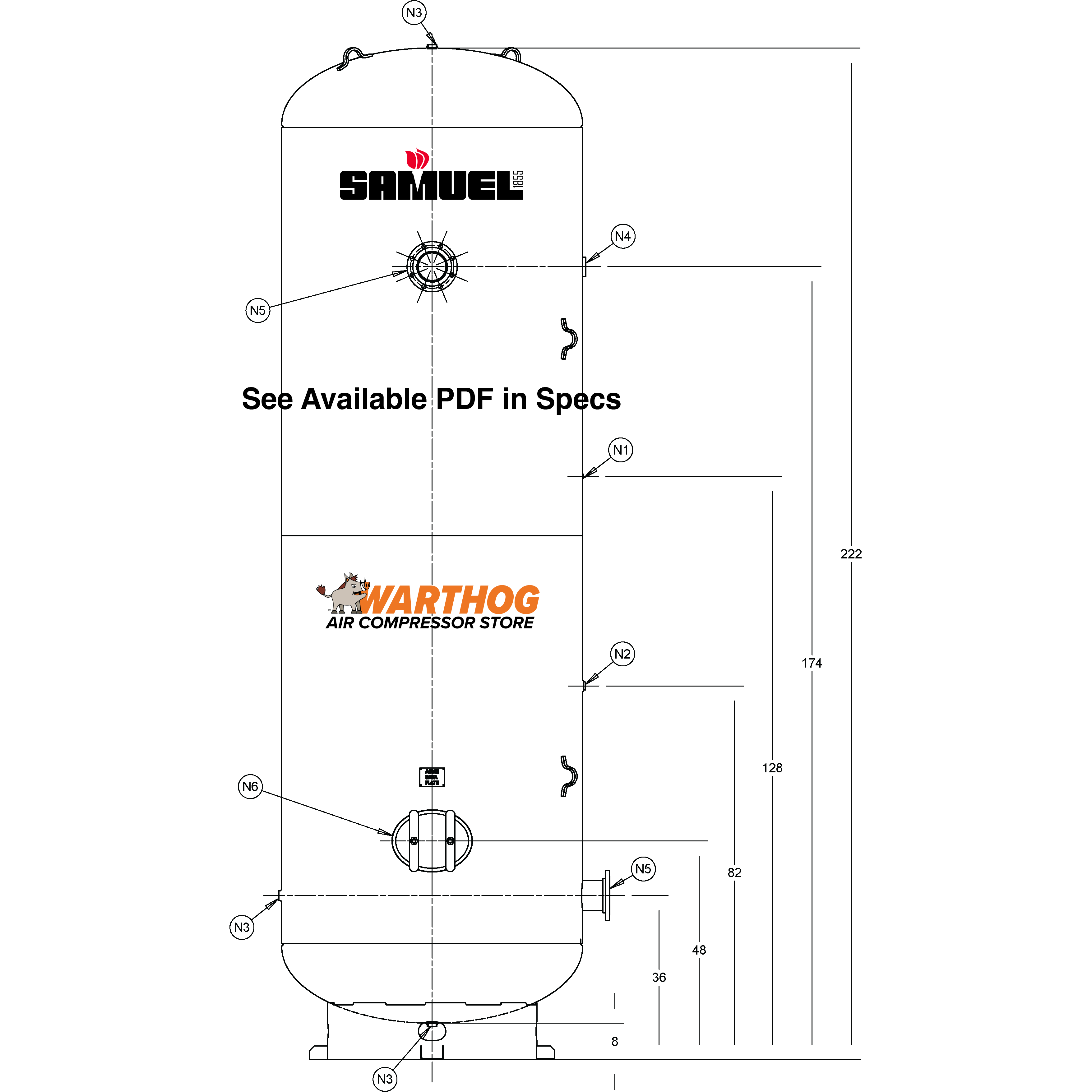3000 Gallon 150PSI Vertical Air Tank By Samuel with 8" base ring | C102476