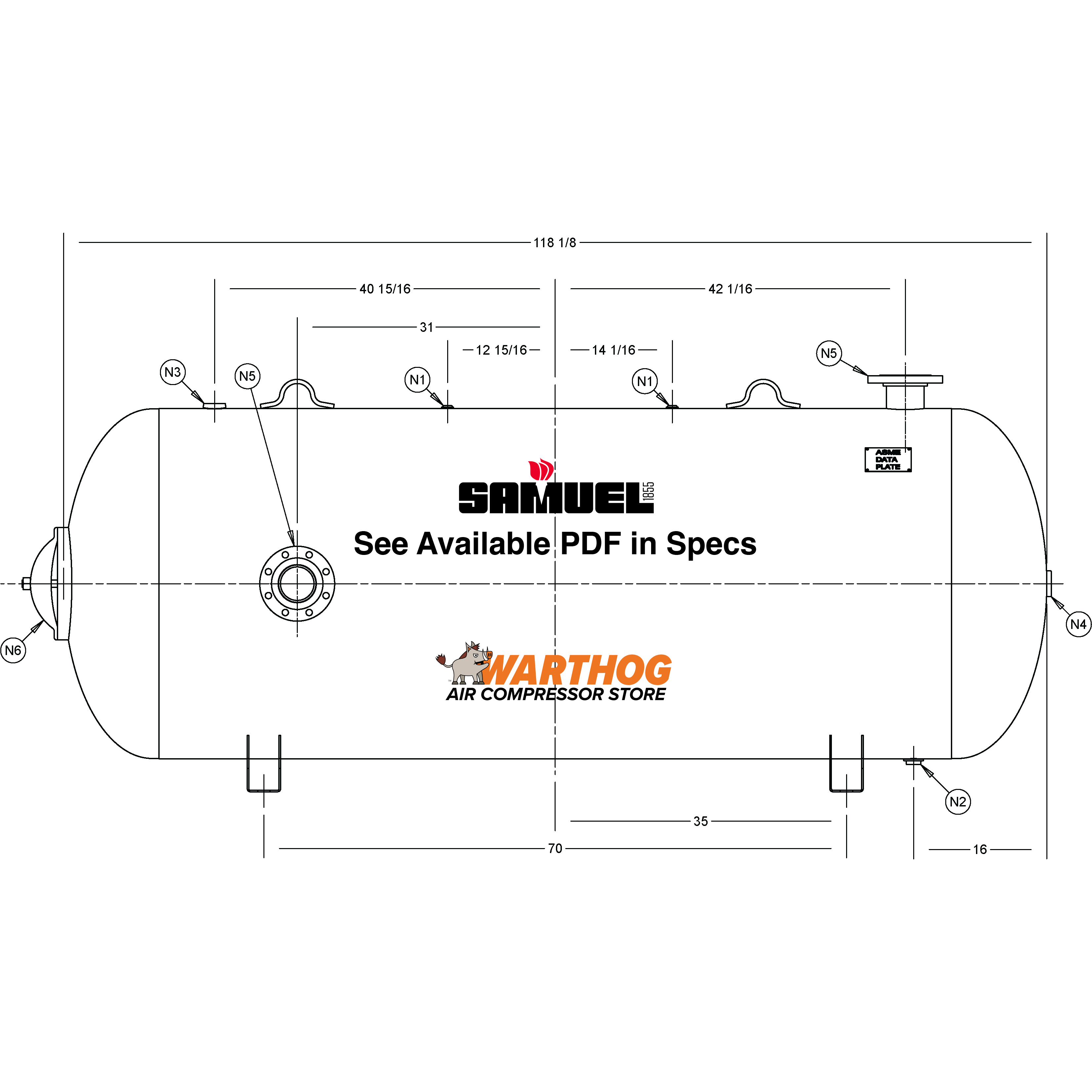 660 Gallon 200PSI Horizontal Air Tank By Samuel with Saddle legs | C103084