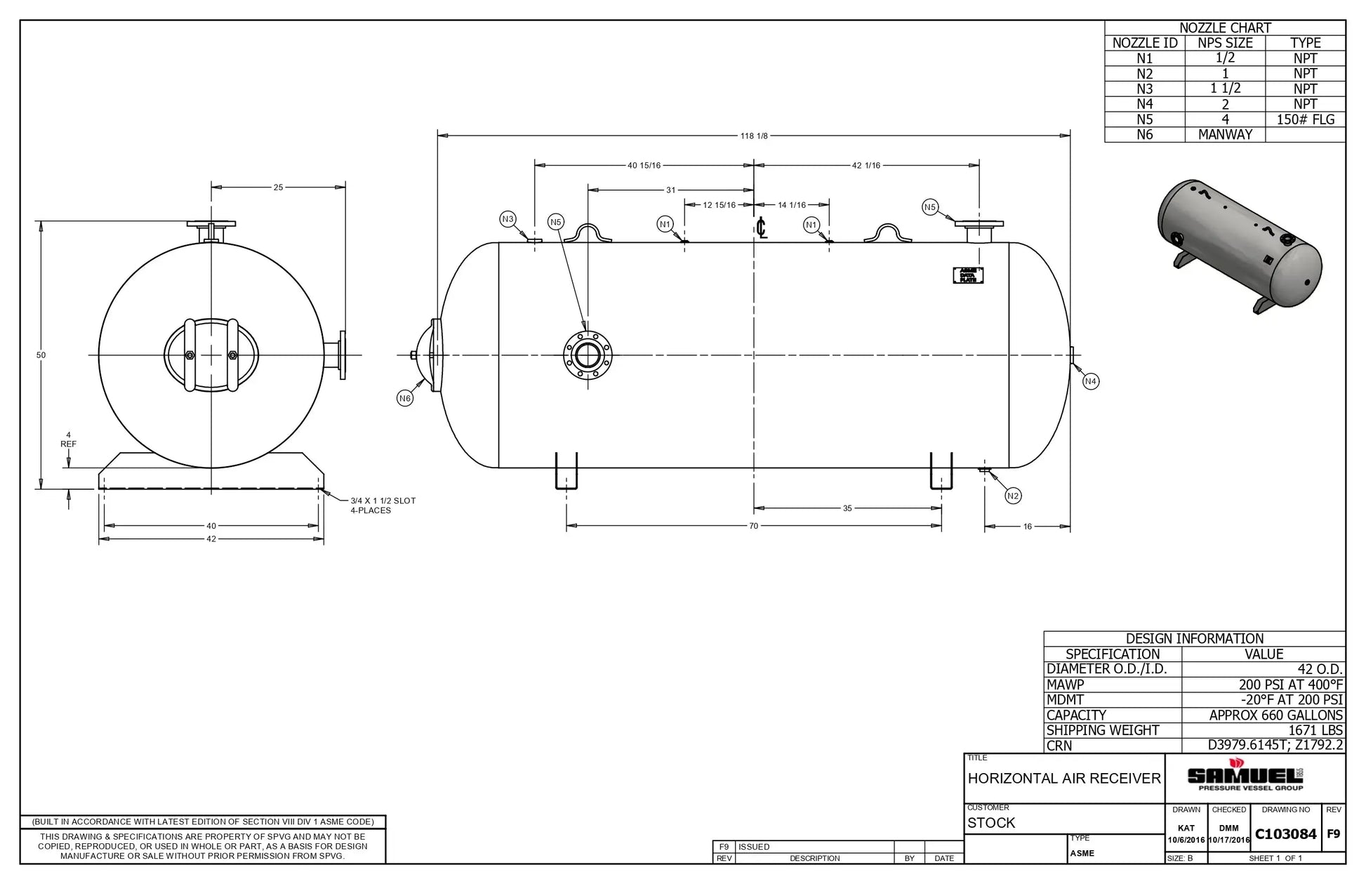 660 Gallon 200PSI Horizontal Air Tank By Samuel with Saddle legs | C103084 Samuel