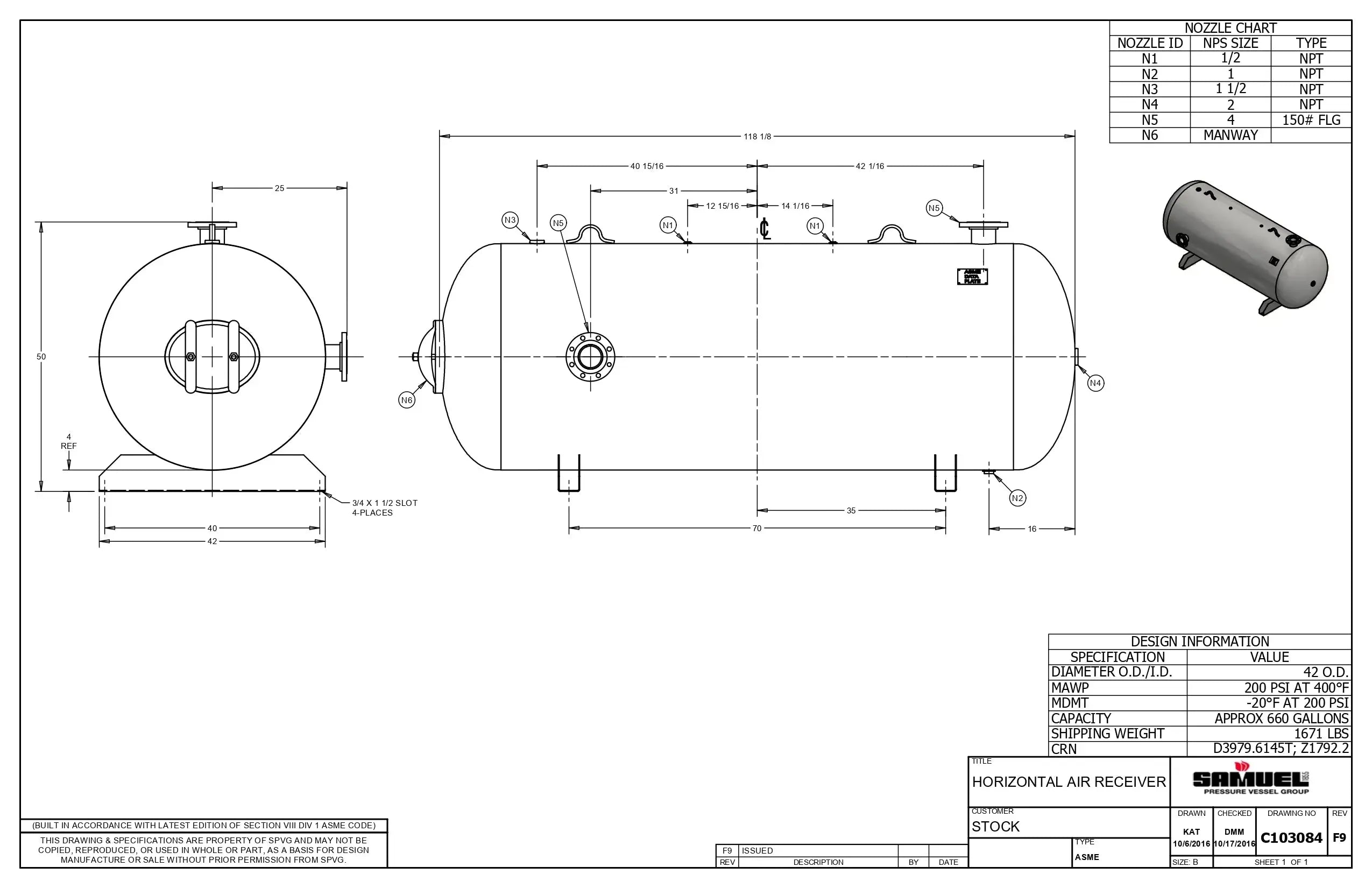 660 Gallon 200PSI Horizontal Air Tank By Samuel with Saddle legs | C103084 Samuel