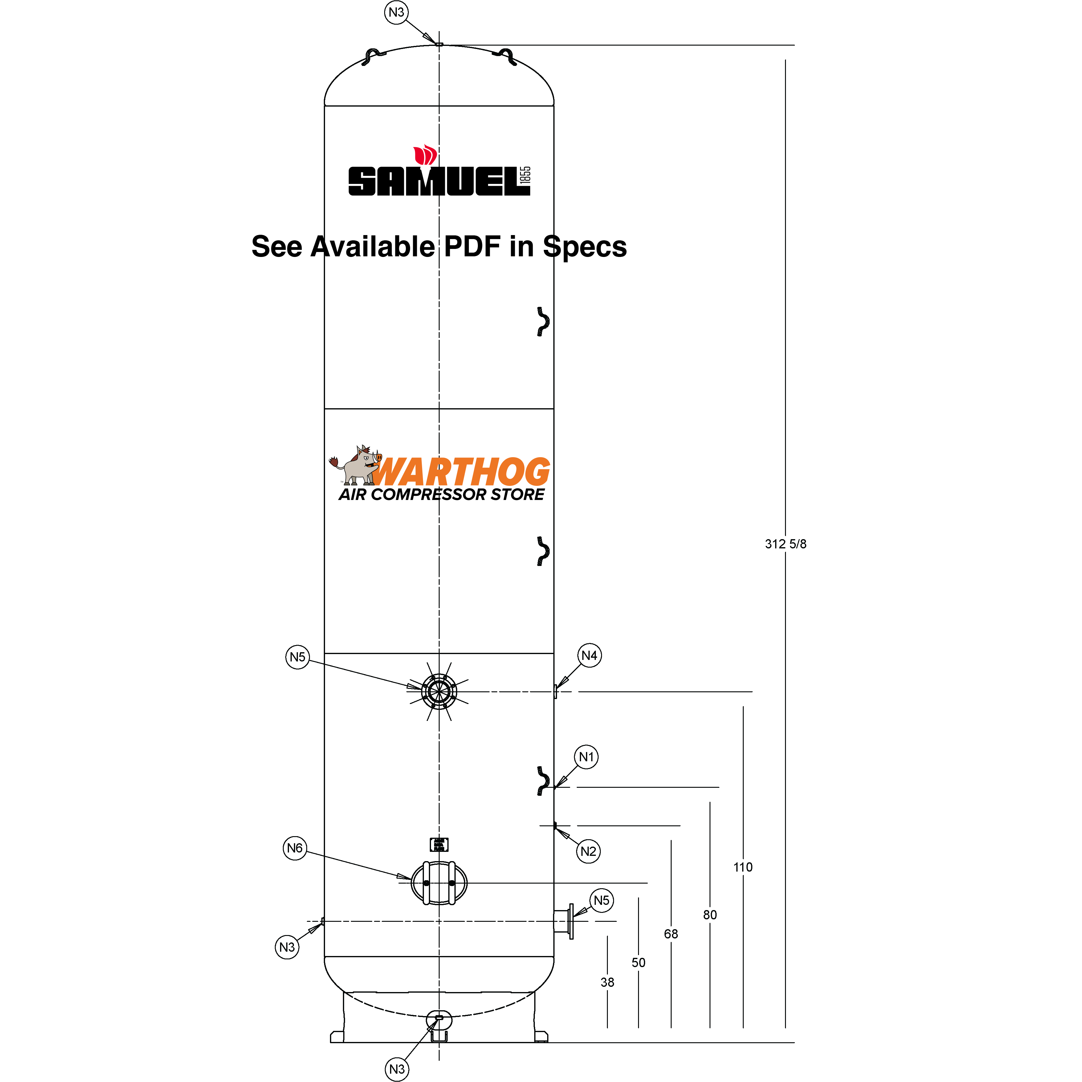 5000 Gallon 150PSI Vertical Air Tank By Samuel with 8" base ring | C103115