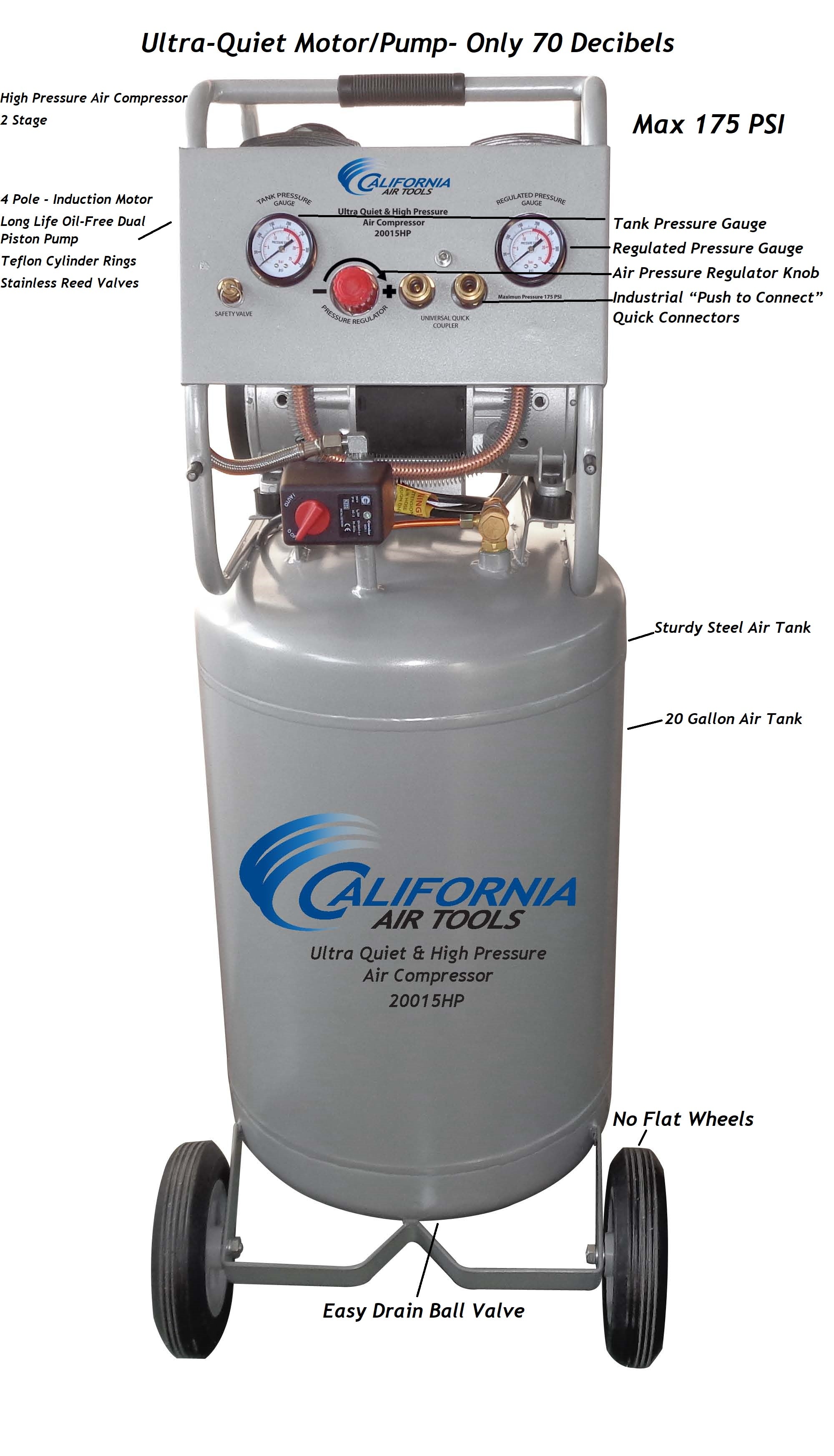 California Air Tools 1,5 Hp, 20 Gal. 175 PSI Two Stage Ultra Quiet & Oil-Free Air Compressor with Automatic Drain Valve