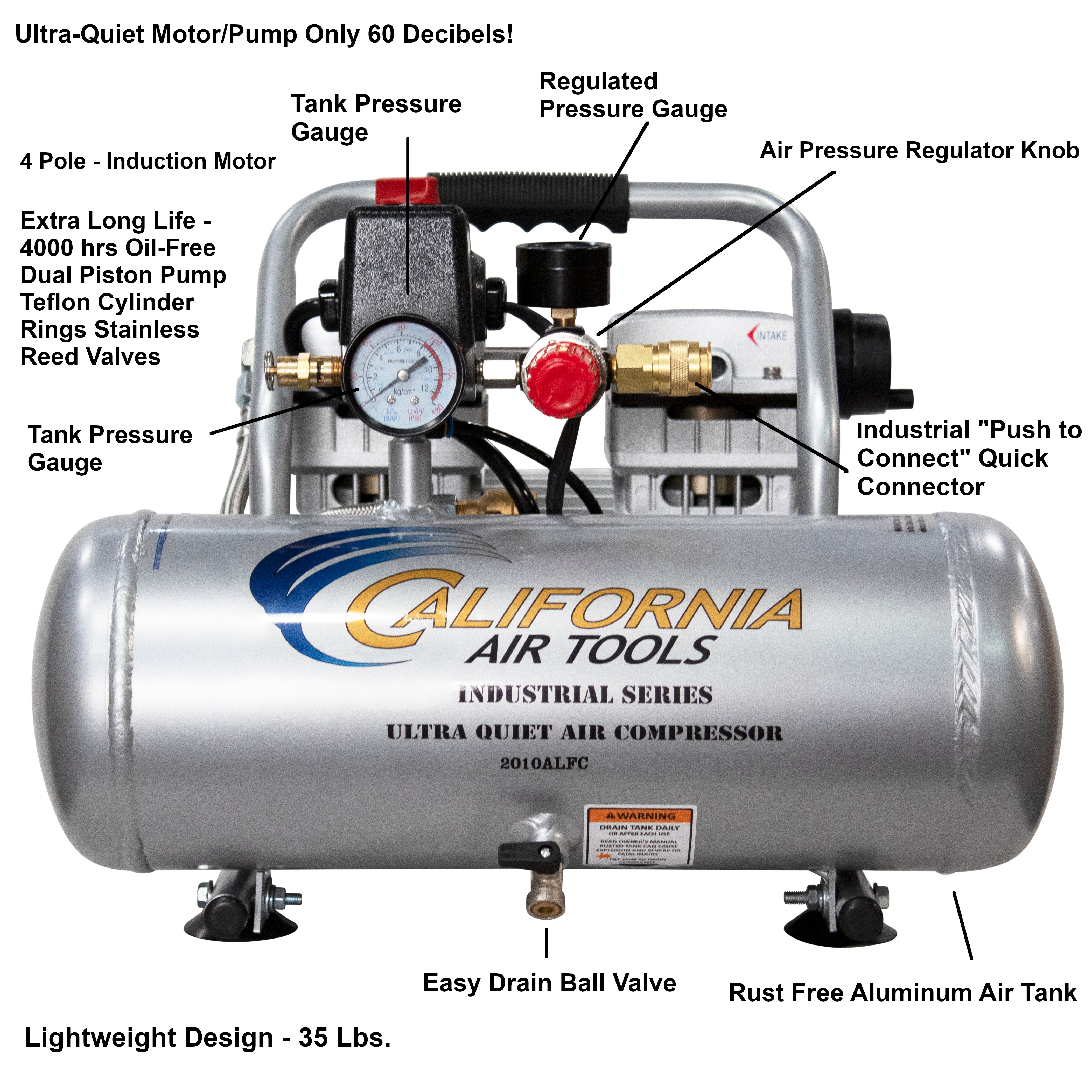 California Air Tools 1.0 Hp, 2.0 Gal. Aluminum Tank Ultra Quiet & Oil-Free Air Compressor