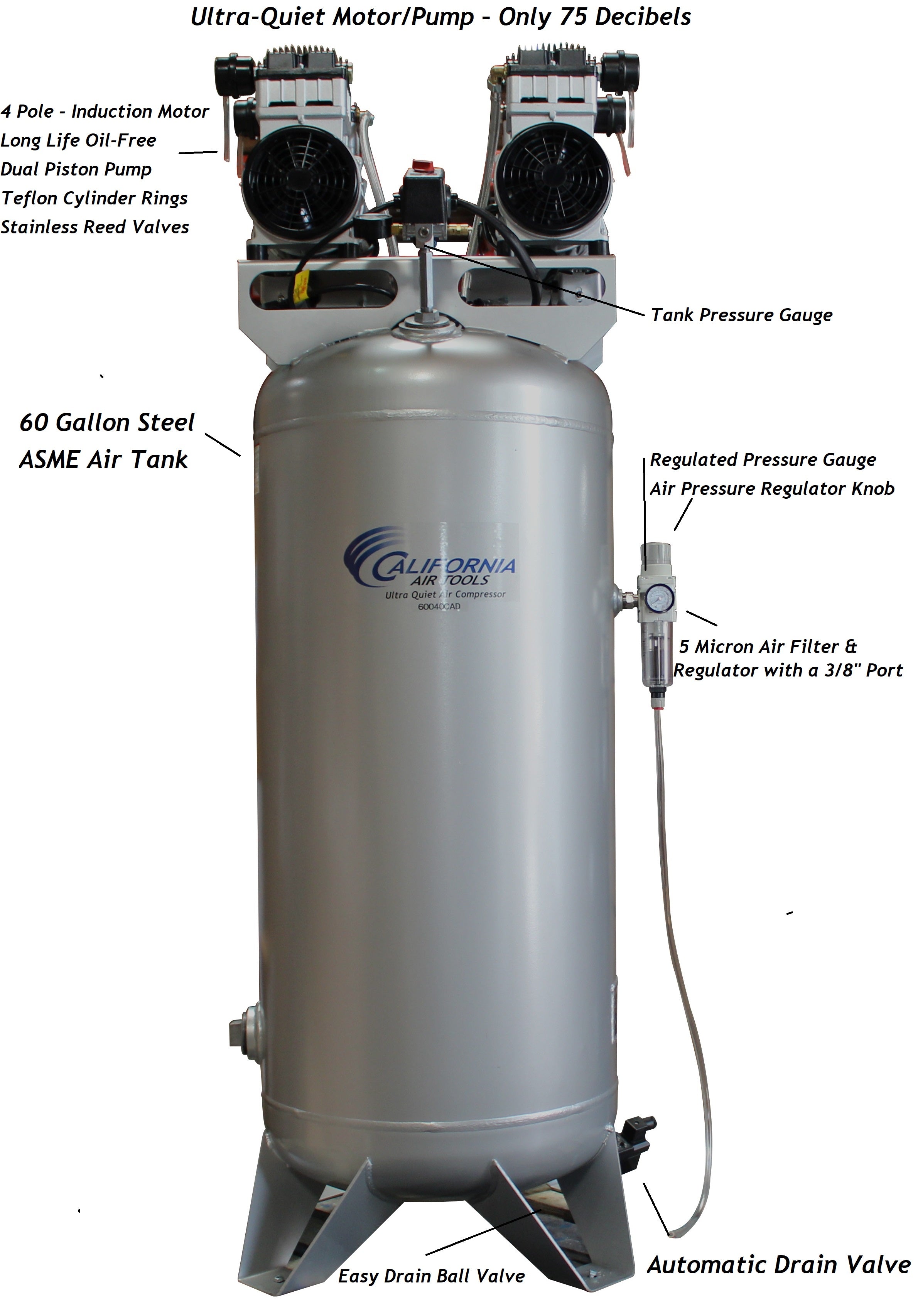 California Air Tools 4.0 Hp, 60.0 Gal. Steel Tank Ultra Quiet & Oil-Free Air Compressor Automatic Drain Valve