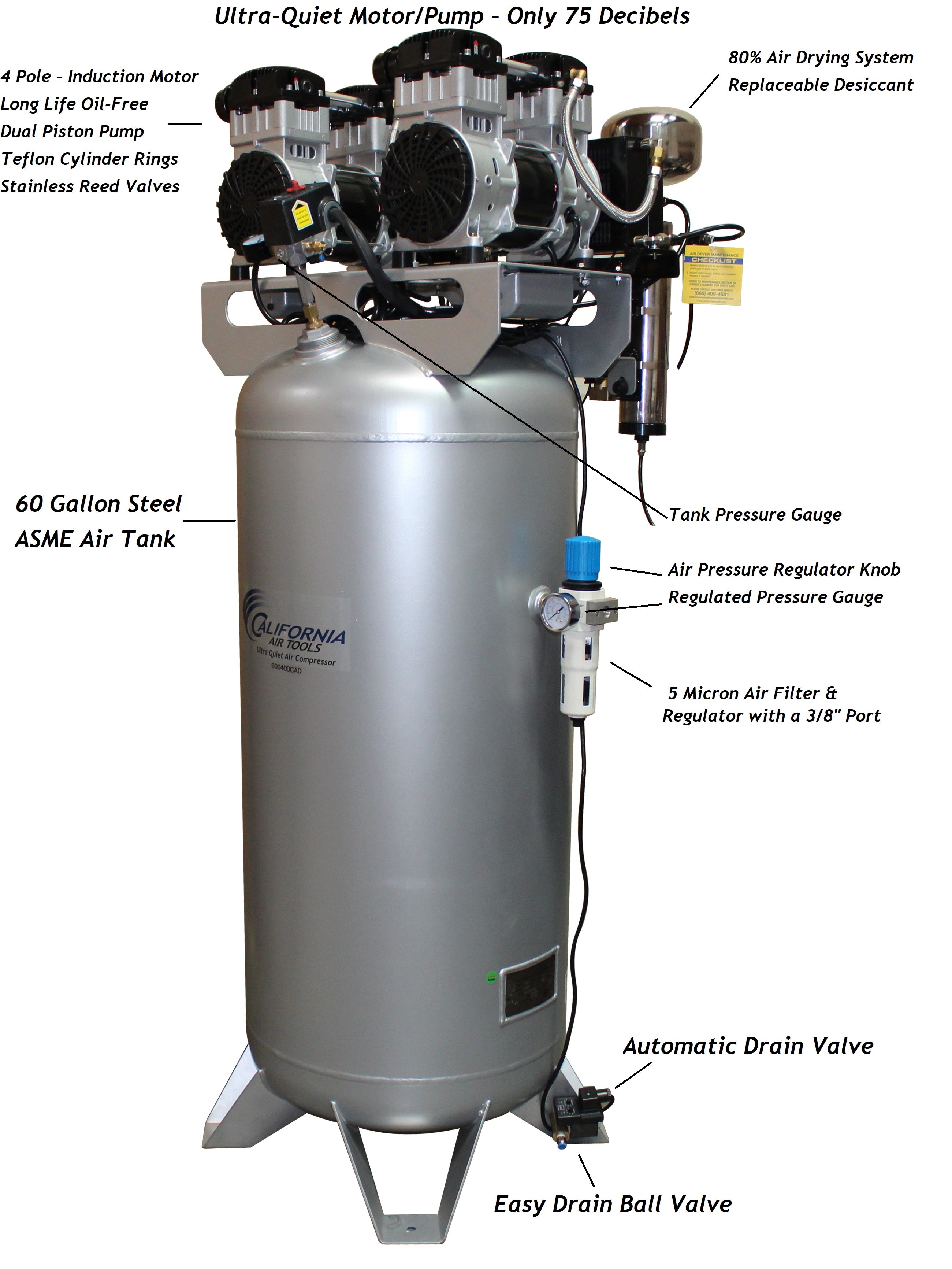 California Air Tools 4.0 Hp, 60.0 Gal. Steel Tank Ultra Quiet & Oil-Free Air Compressor with Air Drying System & Auto Drain