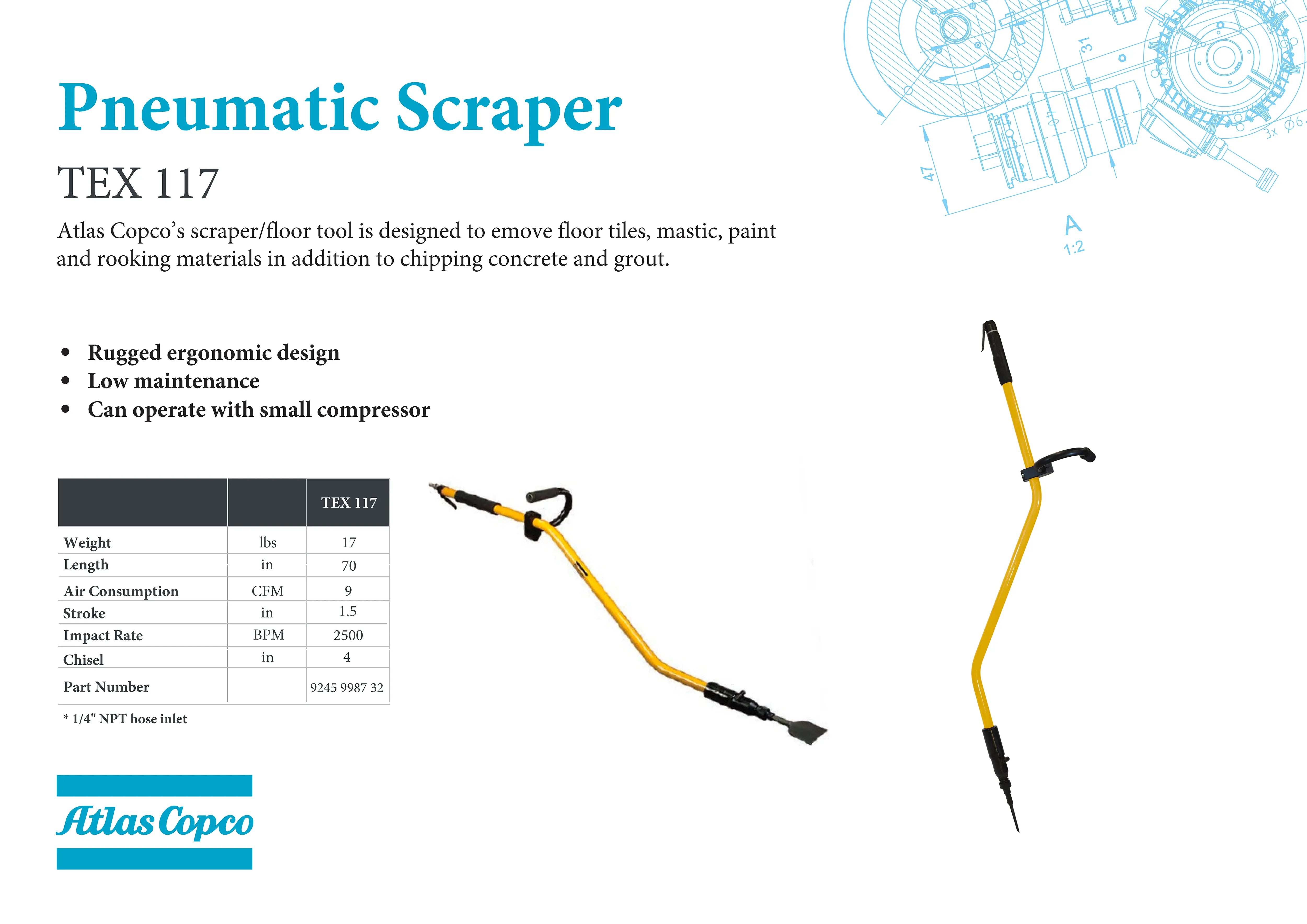 TEX 117 - Scraper/Floor Tool - 2500 BPM – 4” Chisel by Atlas Copco