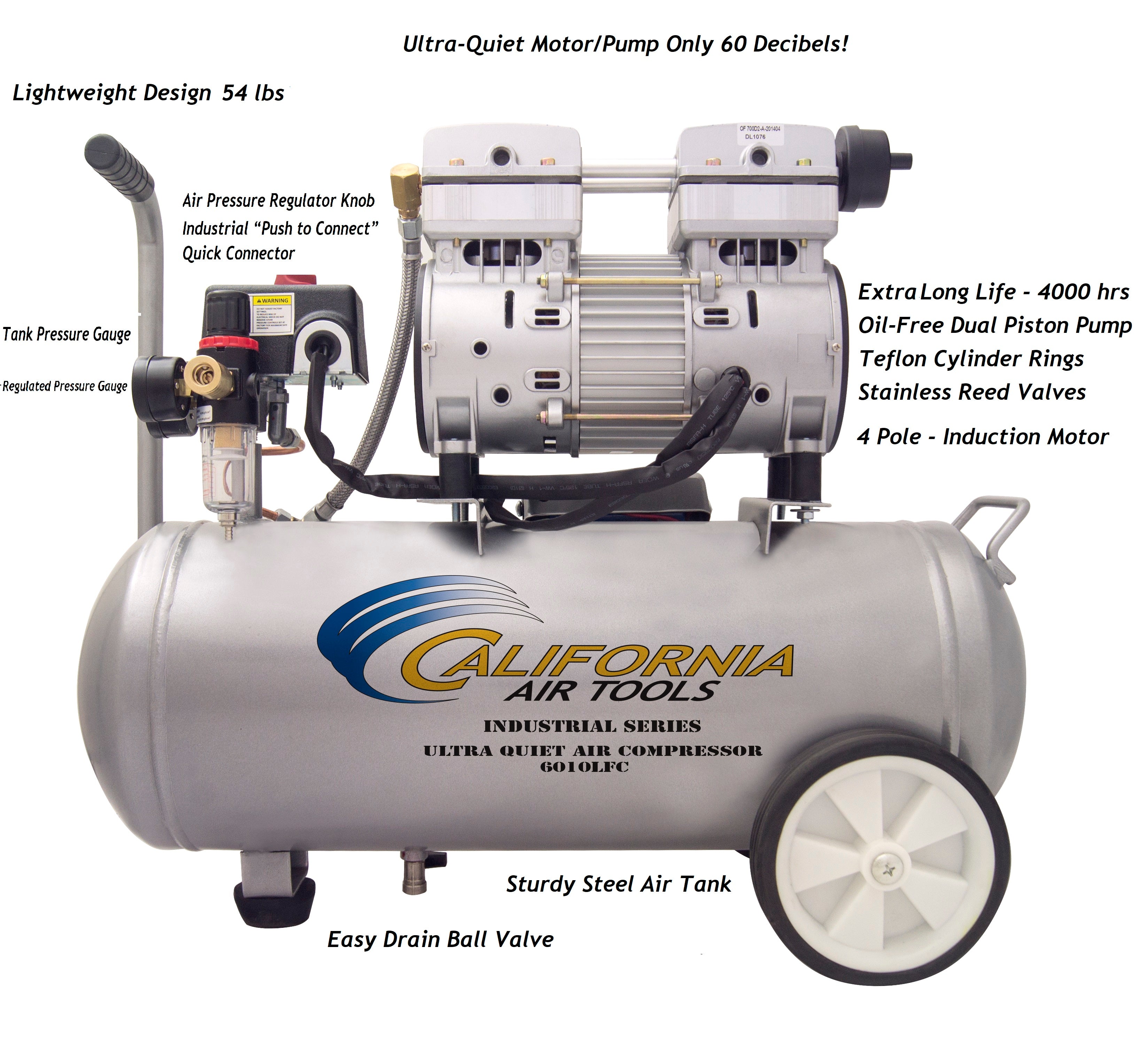 California Air Tools 1.0 Hp, 6.0 Gal. Steel Tank Ultra Quiet & Oil-Free Air Compressor
