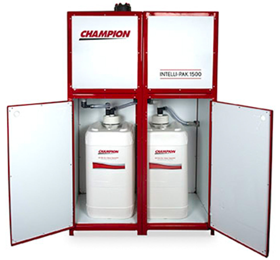 Champion Intelli-PAK 1500 oil water separator cabinet with doors open showing two adsorption cartridges