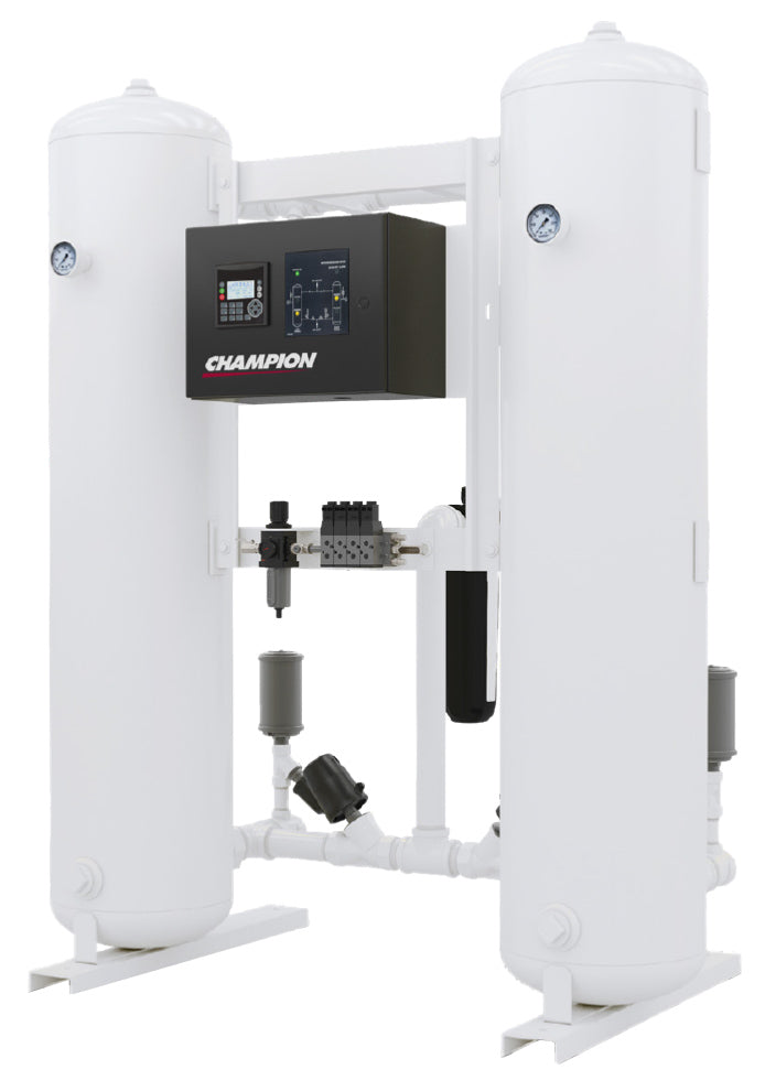 Champion XCHL Series heatless desiccant air dryer front view showing rear-mounted manifolds and purge valves