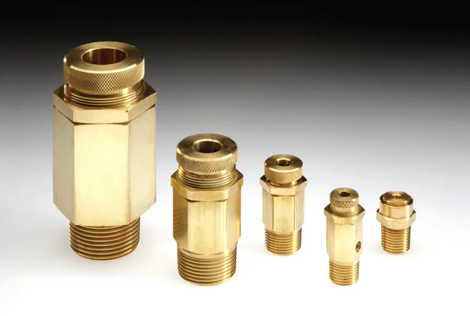 Conrader CPR-Series brass proportional pressure relief valves in 1/4", 3/8", 1/2", 3/4", and 1" MNPT port sizes