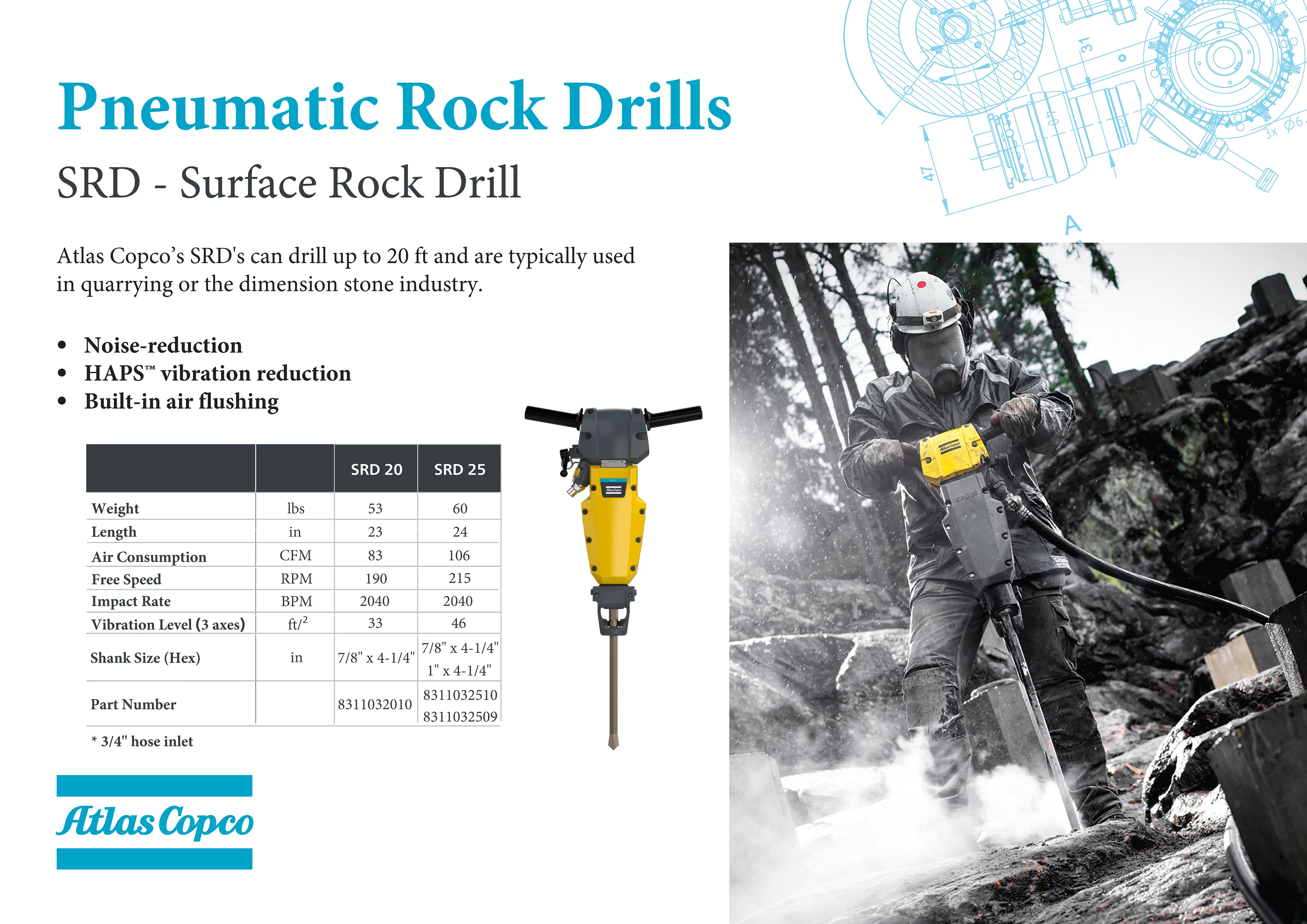 SRD 25 Pneumatic Hand Held Surface Rock Drill by Atlas Copco