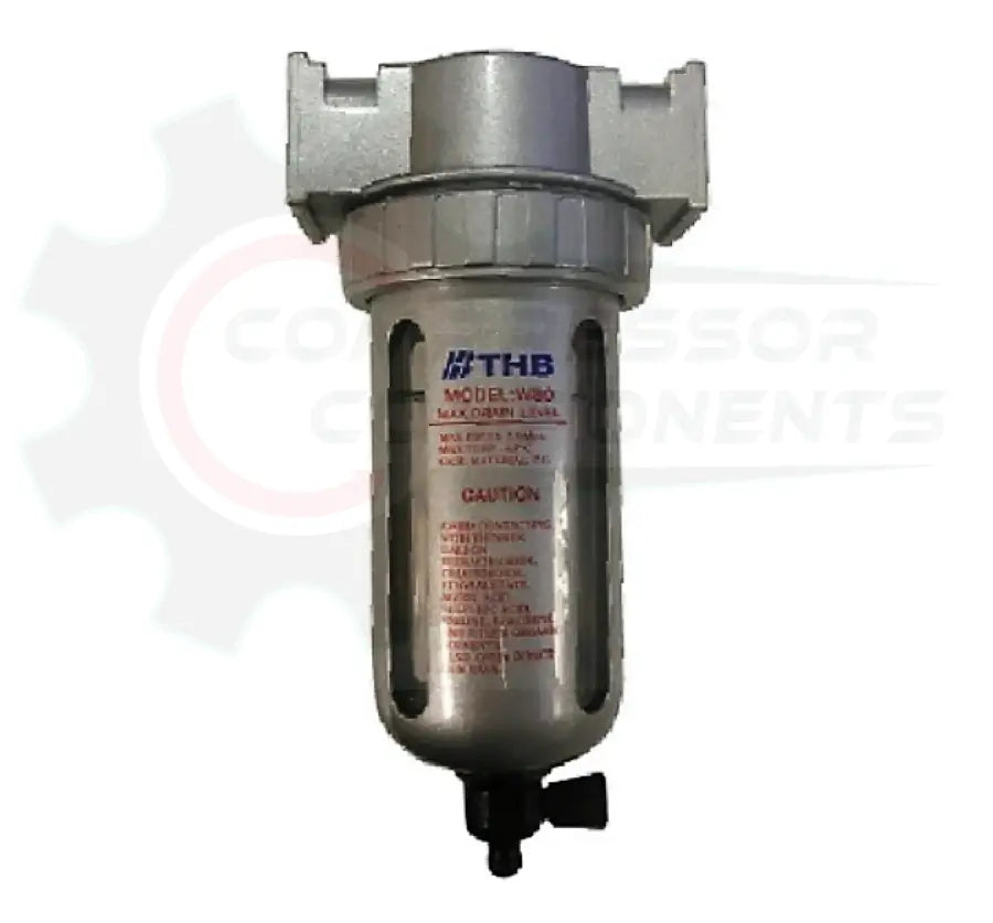 THB compressed air particulate filter with poly bowl and metal guard, available in 1/4", 3/8", and 1/2" NPT