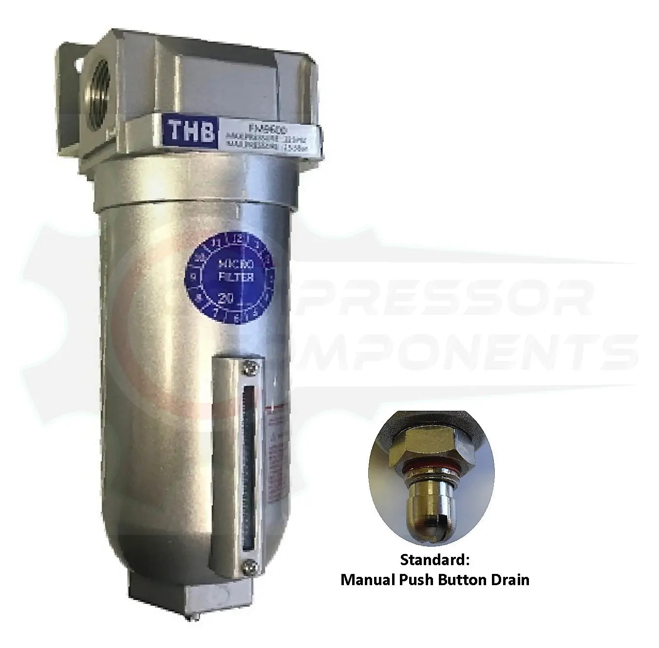 THB FM9600 Series industrial coalescing oil-removing filter with 11 oz metal bowl