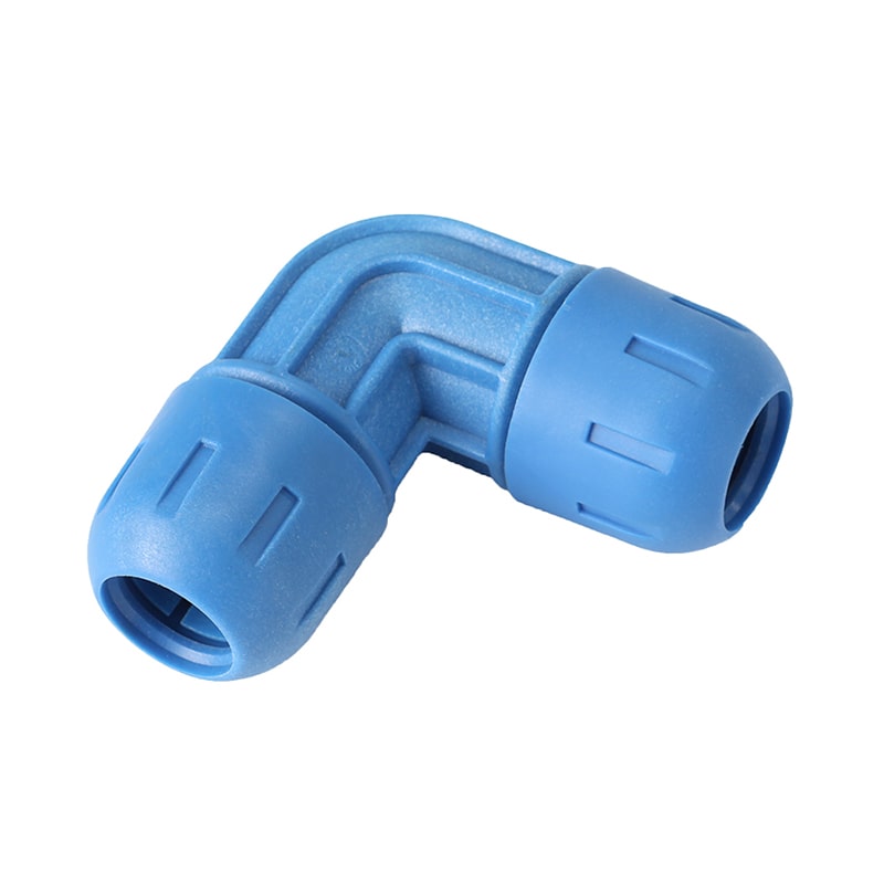 RapidAir FastPipe 90° union elbow, blue aluminum push-to-connect air pipe fitting