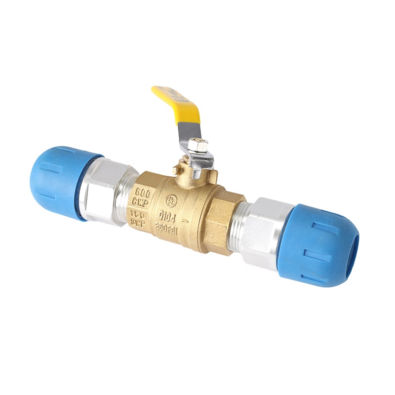 RapidAir FastPipe in-line ball valve shut-off kit with brass quarter-turn valve and two blue FastPipe threaded adapters
