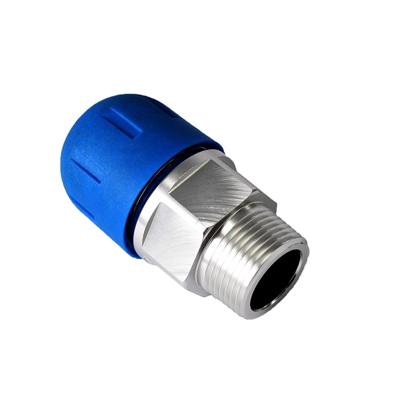 RapidAir FastPipe threaded male NPT adapter, blue aluminum compression fitting