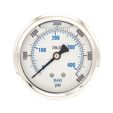 PIC Gauges PRO-302L all stainless liquid filled pressure gauge, stainless case and bezel, 316L SS wetted parts, dual PSI and bar dial, center back mount