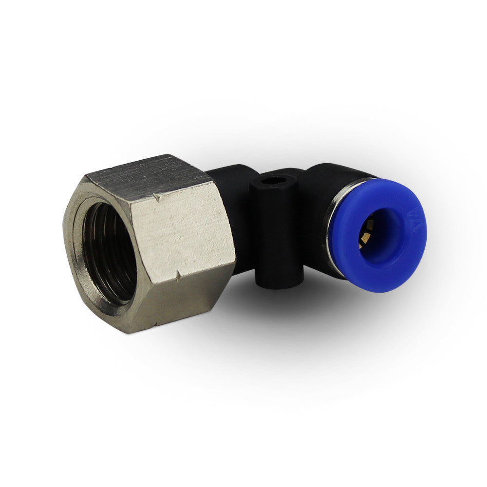 THB composite 90° push-to-connect female elbow fitting — one-touch tube port and female NPT threaded end