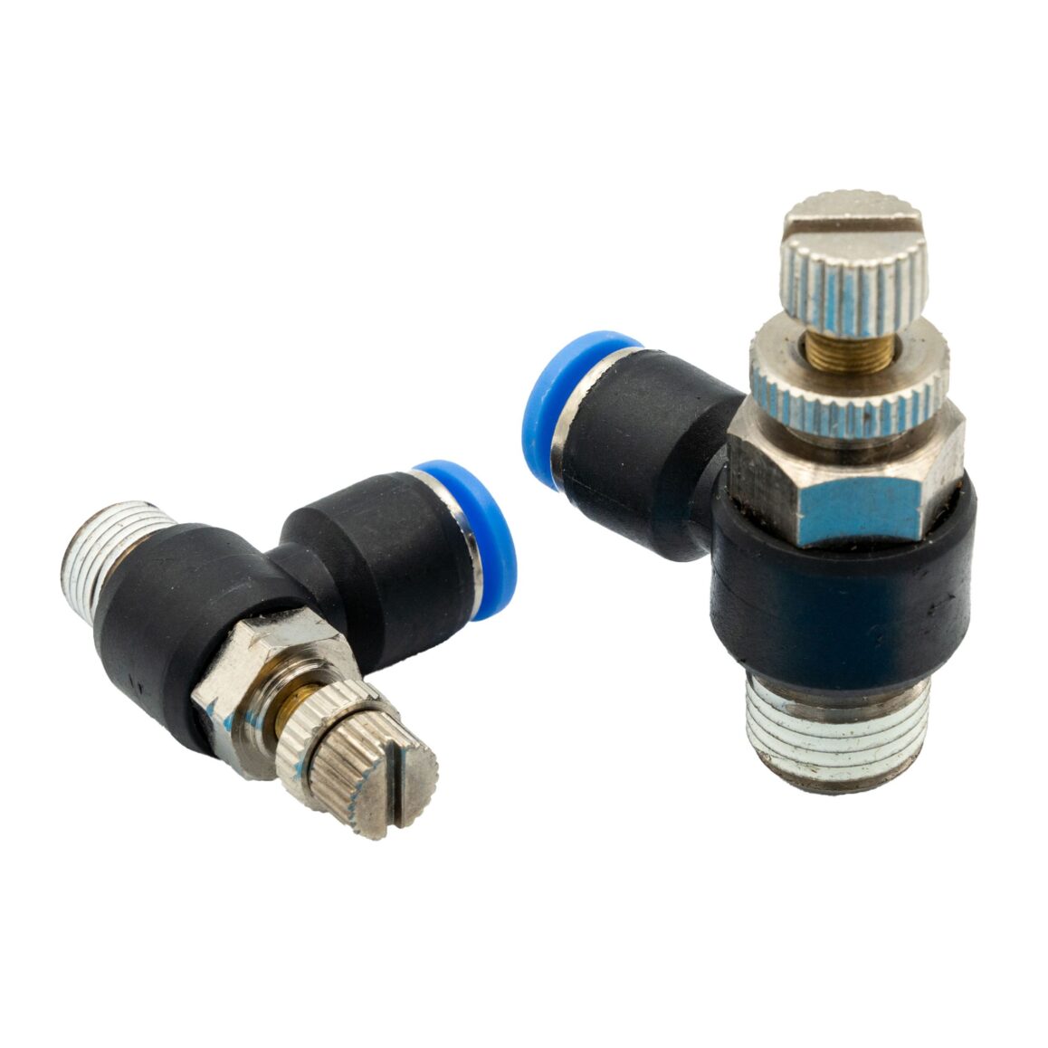 Warthog composite push-to-connect right-angle flow control valve with adjustable knob and male NPT thread