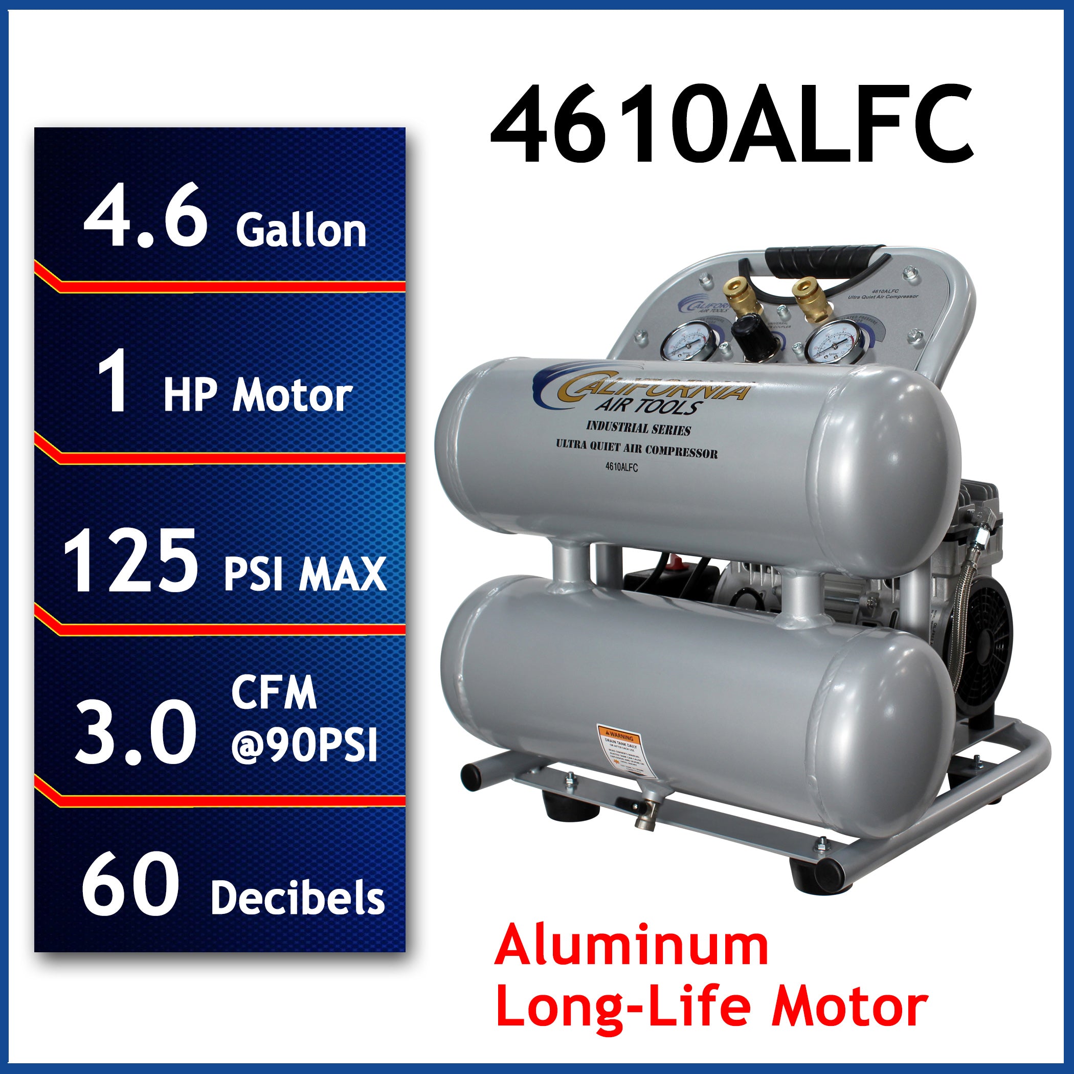 California Air Tools 1.0 Hp, 4.6 Gal. Aluminum Twin Tank Ultra Quiet & Oil-Free Air Compressor