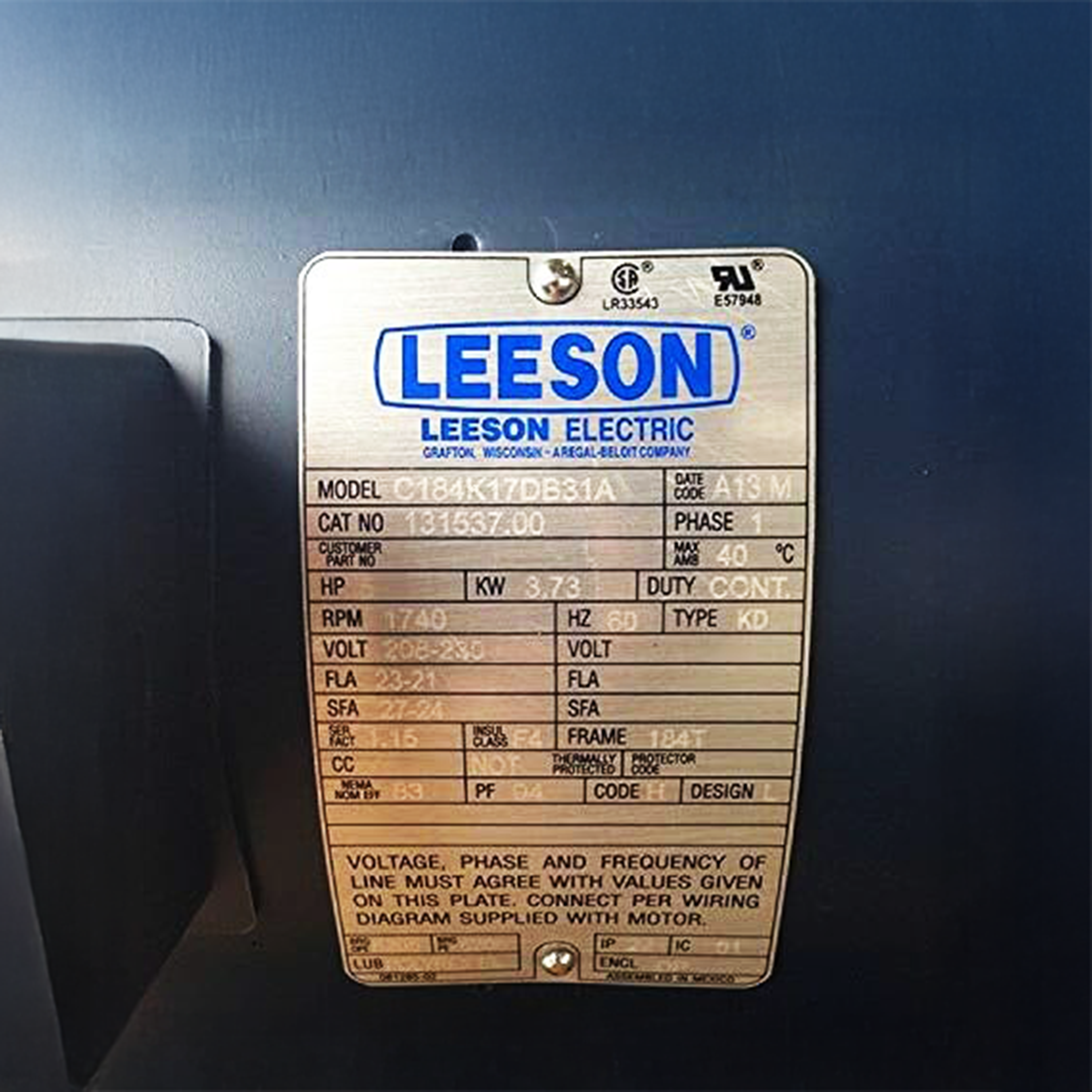 5HP LEESON 1740 RPM 184T DP 208-230V 1PH Air Compressor Motor