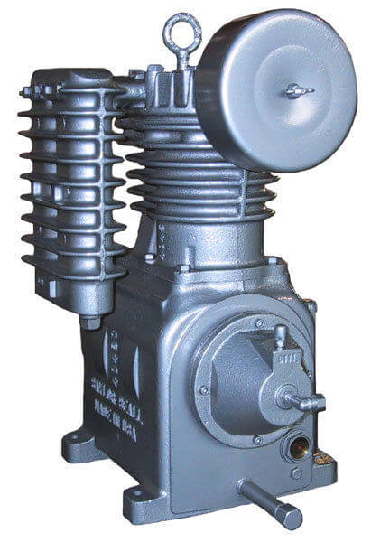Saylor-Beall 705 bare pump side view showing finned cast iron intercooler and crankcase