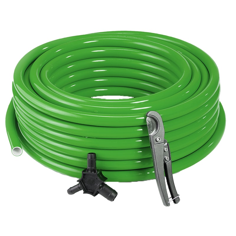 RapidAir MaxLine green 100 ft semi-flexible compressed air tubing coil with cutter and tee fitting