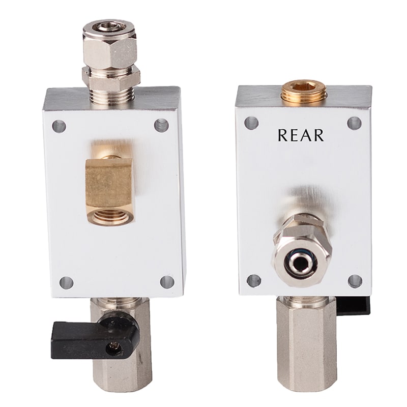 RapidAir MaxLine single port outlet aluminum block with inlet shut-off valve, front and rear views