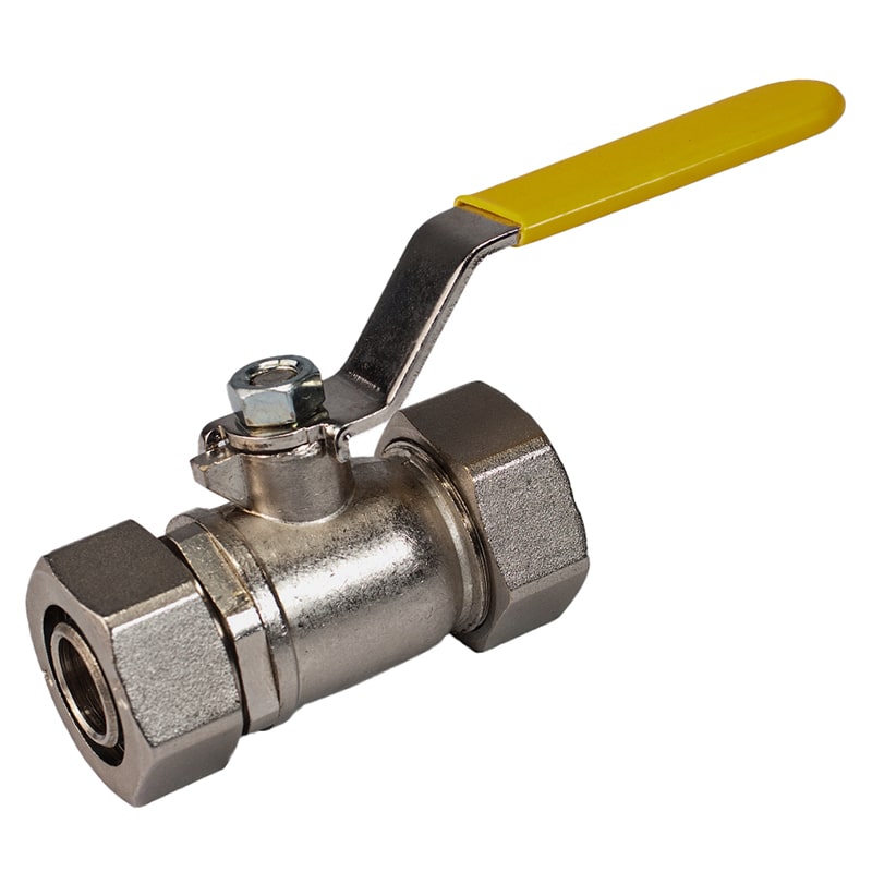 RapidAir MaxLine in-line ball valve, nickel-plated brass with yellow lever handle and tube-to-tube compression ends