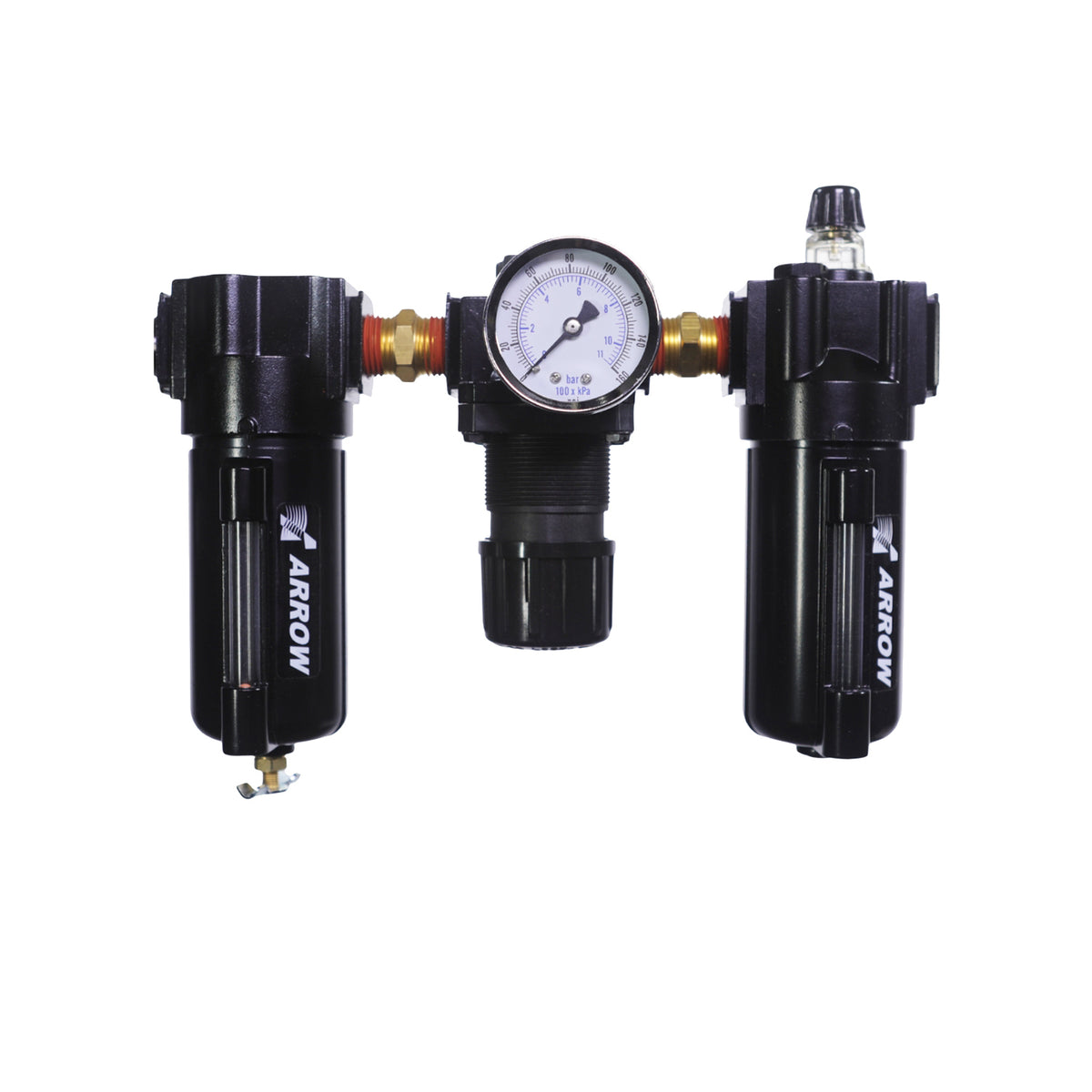Arrow Pneumatics 3-stage FRL combination unit — filter, regulator with gauge, and lubricator with metal bowls and sight glasses