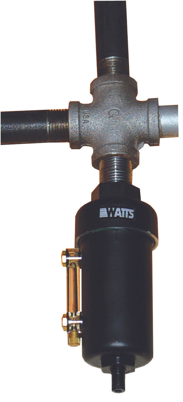 Parker-Watts D11-04W automatic tank drain with zinc bowl and sight gauge installed on a pipe tee