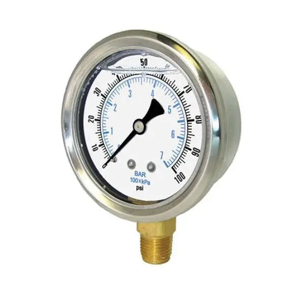PIC Gauges 201L 4-inch liquid-filled pressure gauge, 1/4" NPT lower mount, stainless steel case