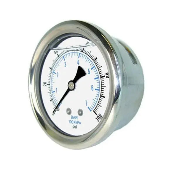 PIC Gauges 202L-204 2 inch liquid filled pressure gauge, 1/4 inch NPT center back mount, glycerine filled stainless steel case with brass internals