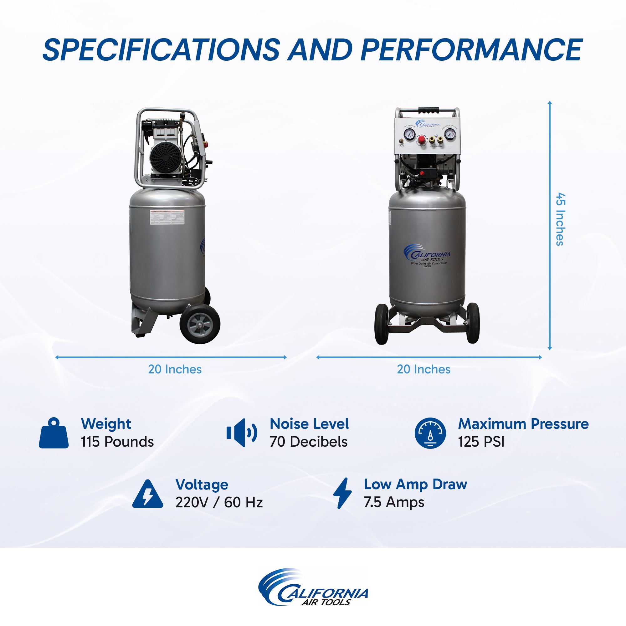 California Air Tools 2.0 Hp, 20.0 Gal. Steel Tank Ultra Quiet & Oil-Free Air Compressor with Auto Drain 220 Volts 60 Hertz