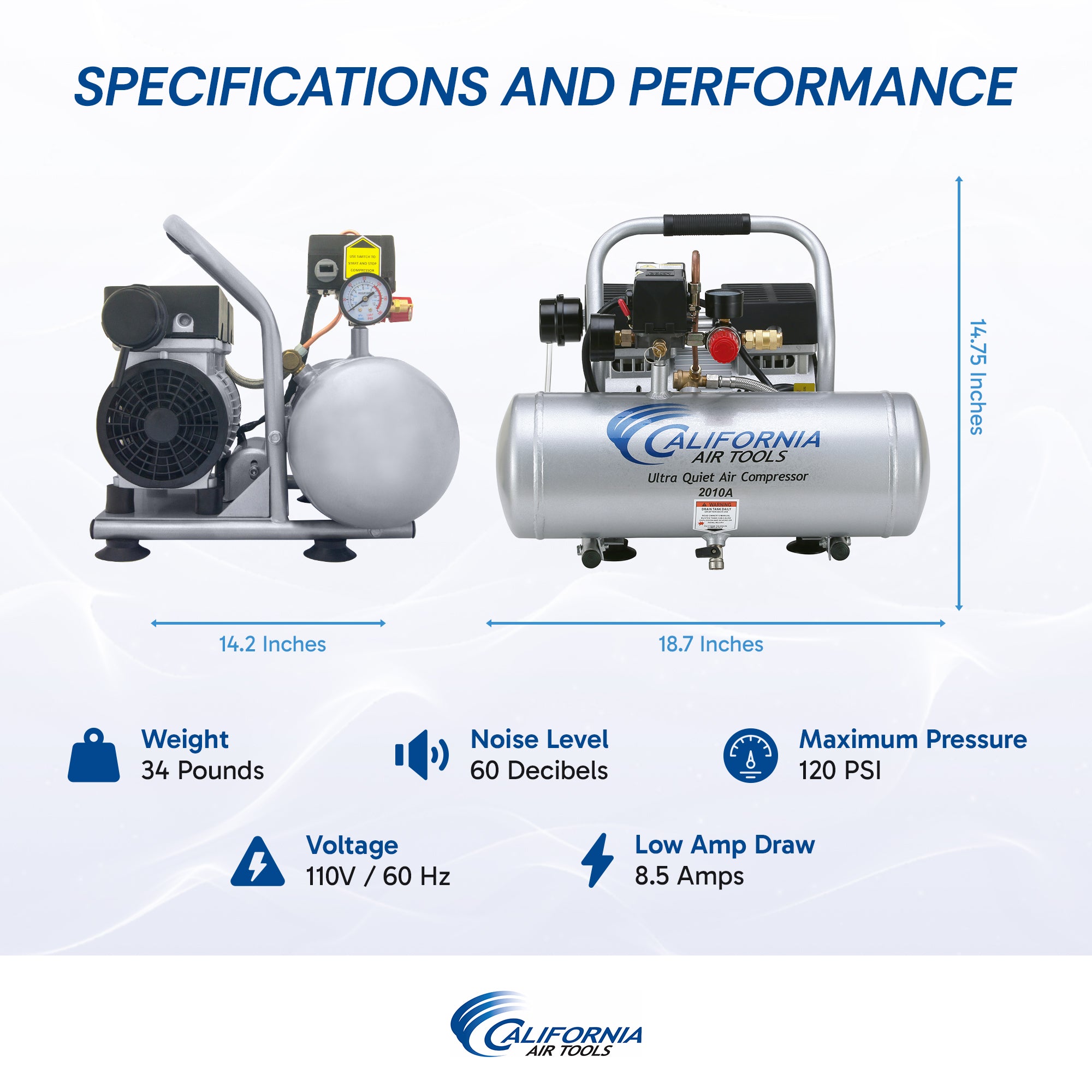 California Air Tools 1.0 Hp, 2.0 Gal. Aluminum Tank Ultra Quiet & Oil-Free Air Compressor