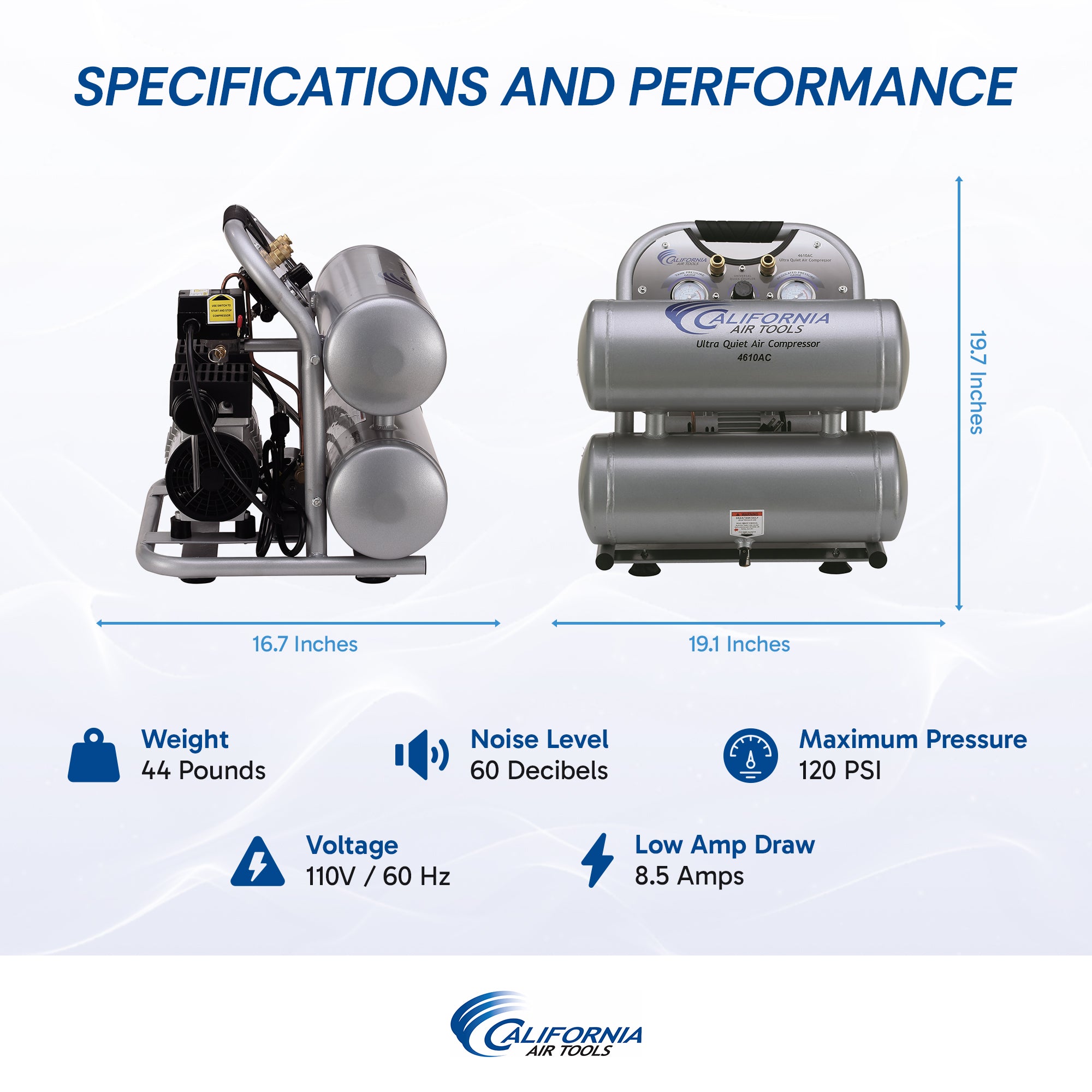 California Air Tools 1.0 Hp, 4.6 Gal. Portable Aluminum Twin Tank Ultra Quiet & Oil-Free Air Compressor