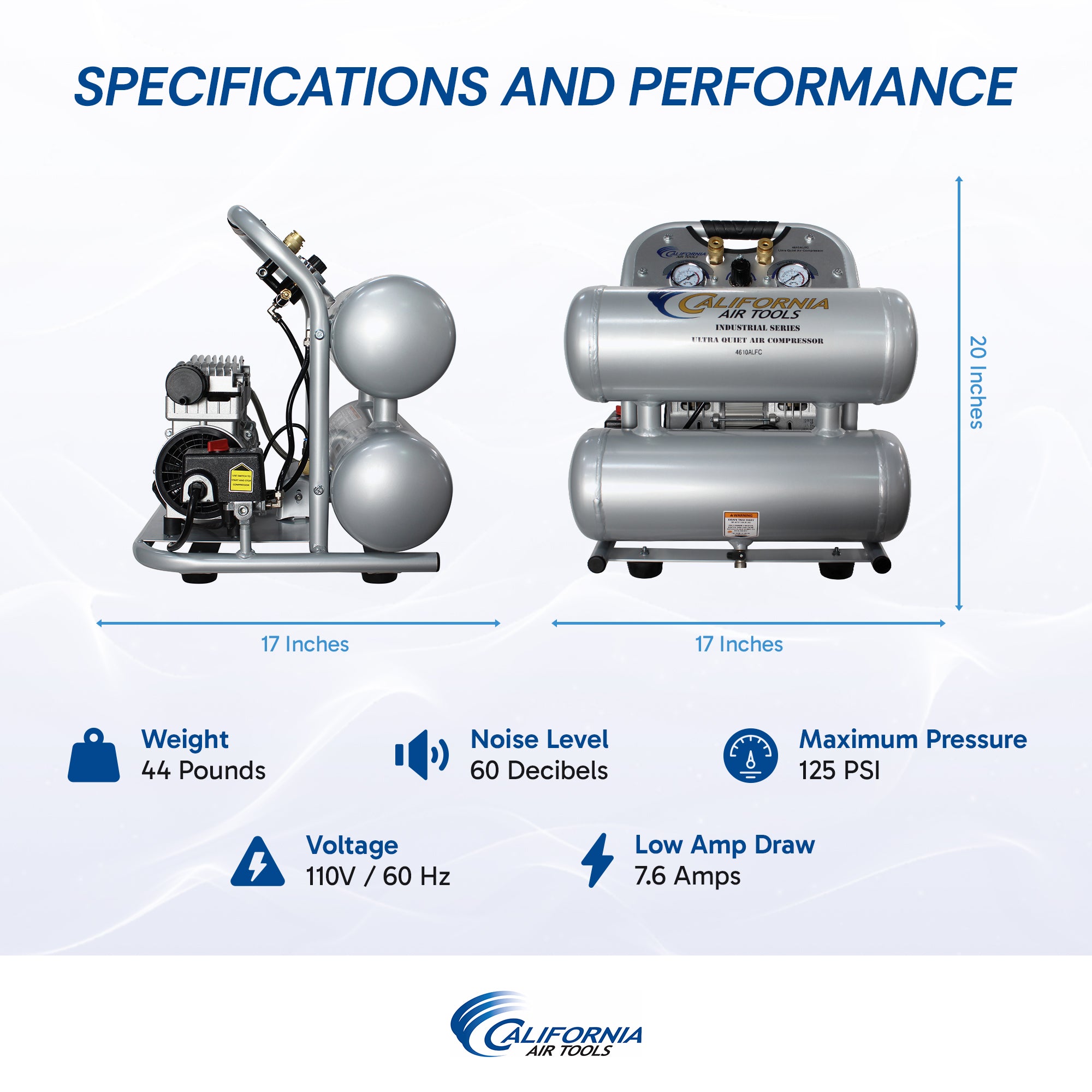 California Air Tools 1.0 Hp, 4.6 Gal. Aluminum Twin Tank Ultra Quiet & Oil-Free Air Compressor