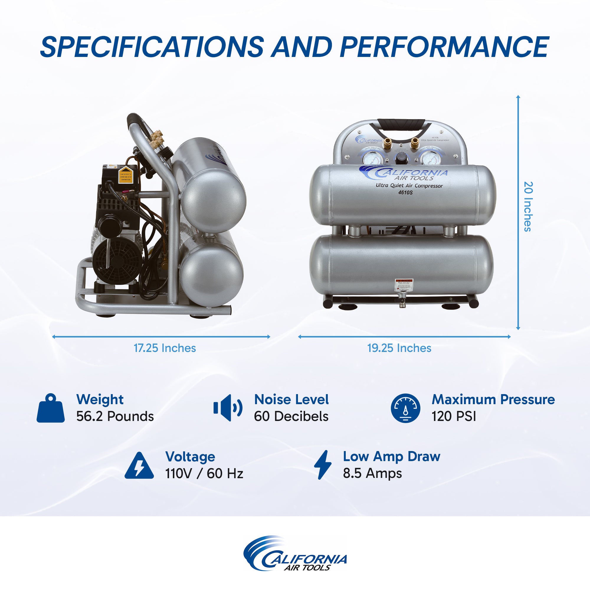 California Air Tools 1.0 Hp, 4.6 Gal. Steel Twin Tank Ultra Quiet & Oil-Free Air Compressor