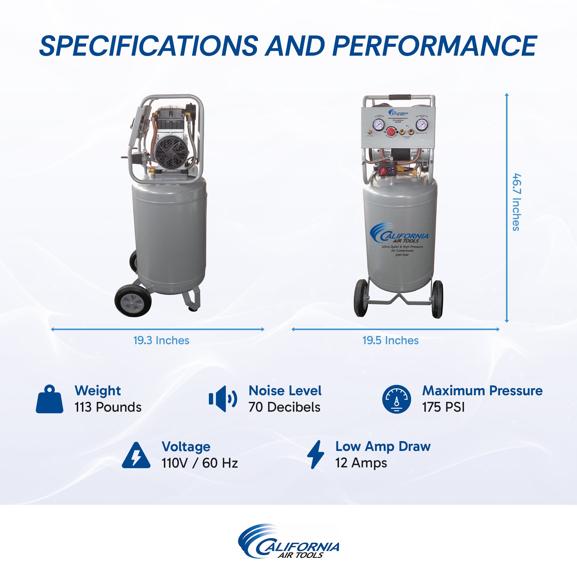 California Air Tools 1,5 Hp, 20 Gal. 175 PSI Two Stage Ultra Quiet & Oil-Free Air Compressor with Automatic Drain Valve | CAT-20015HPAD