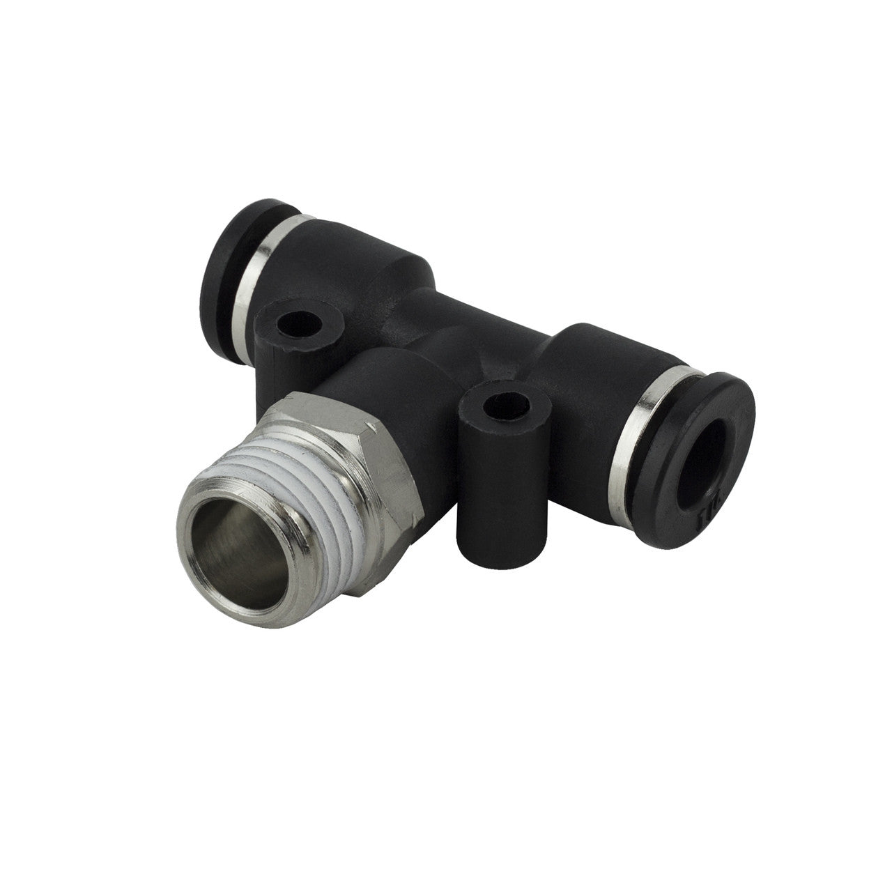 Composite push-to-connect male branch tee with two push-in tube ports and a nickel-plated brass male NPT stud