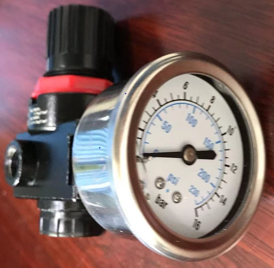 Unoair 1/4 inch air pressure regulator with mounted pressure gauge