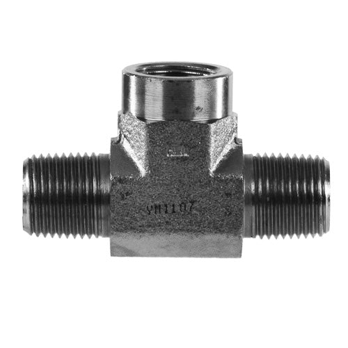 Steel female branch tee with two male NPT run ports and one female NPT branch port