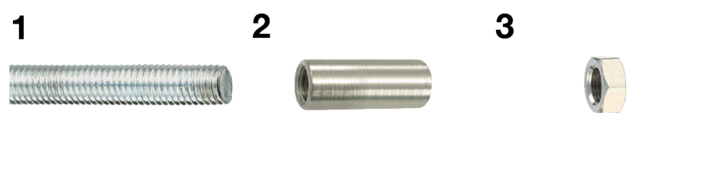 Prevost TL RM8 union sleeve shown with the TF M8100 threaded stud and TE M8 nut it joins