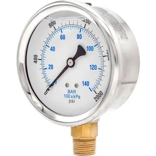 PIC Gauges 4-inch liquid-filled pressure gauge, lower mount, 1/2-inch NPT, stainless steel case with brass connection