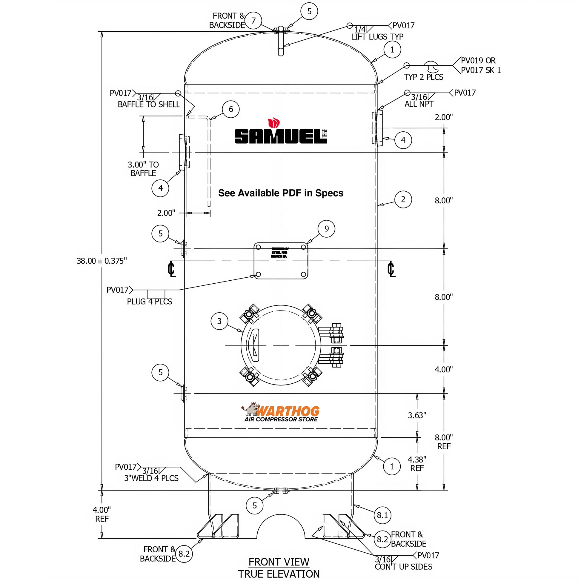 30 Gallon 150PSI Vertical Air Tank By Samuel with 8" basering / 6" hinged closure - Vacuum Rated | V10094 Samuel
