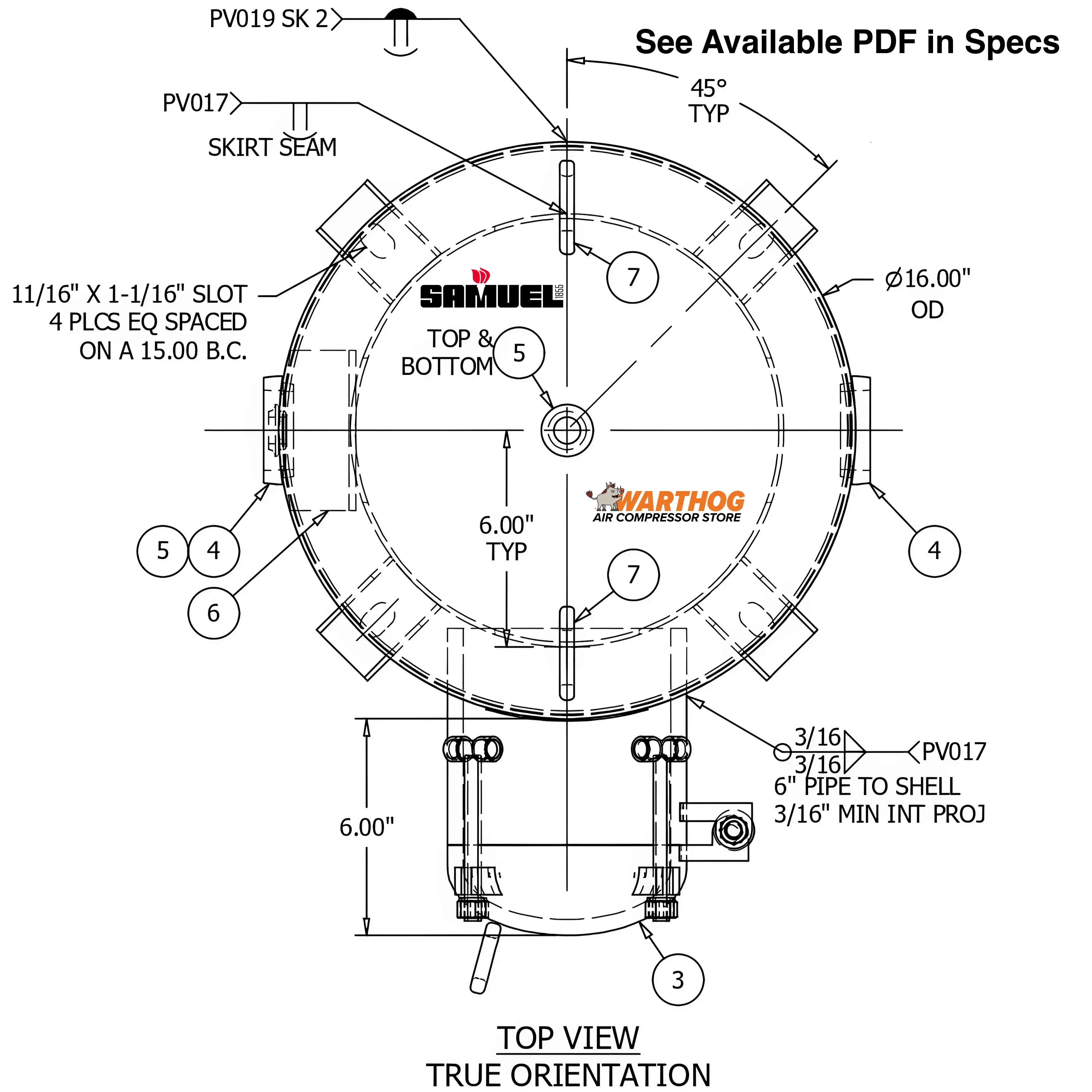 30 Gallon 150PSI Vertical Air Tank By Samuel with 8" basering / 6" hinged closure - Vacuum Rated | V10094 Samuel