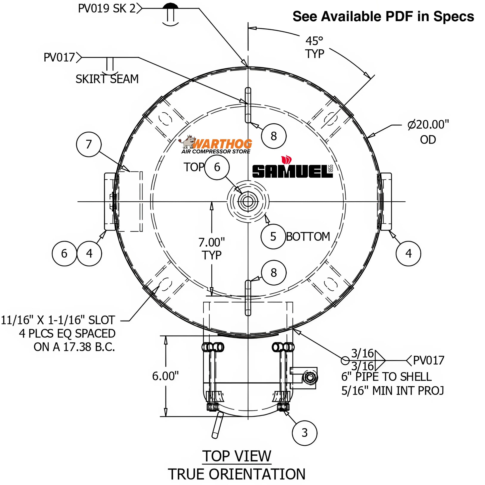 60 Gallon 150PSI Vertical Air Tank By Samuel with 8" basering / 6" hinged closure - Vacuum Rated | V10095 Samuel