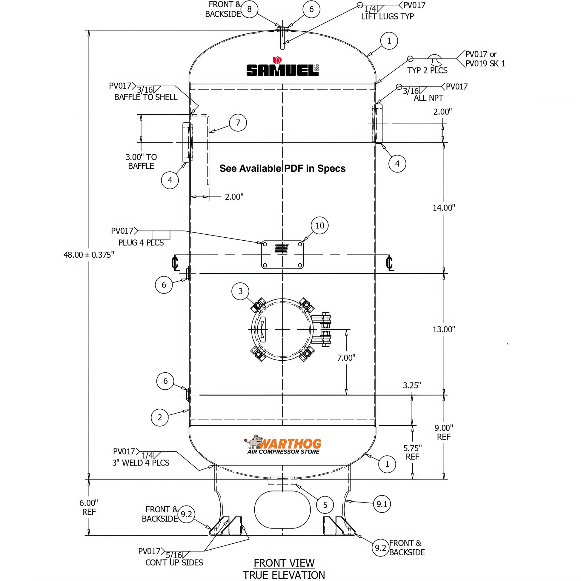 60 Gallon 150PSI Vertical Air Tank By Samuel with 8" basering / 6" hinged closure - Vacuum Rated | V10095 Samuel